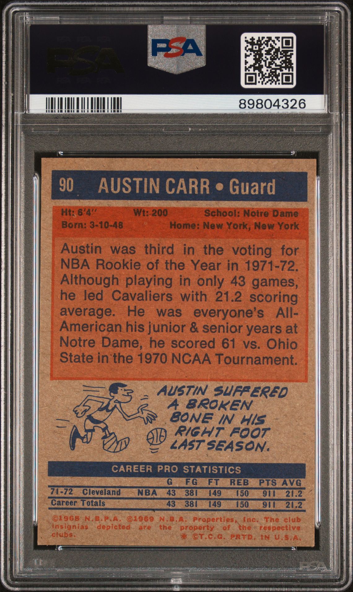 1972 Topps Austin Carr #90 Vg-Ex 4 back