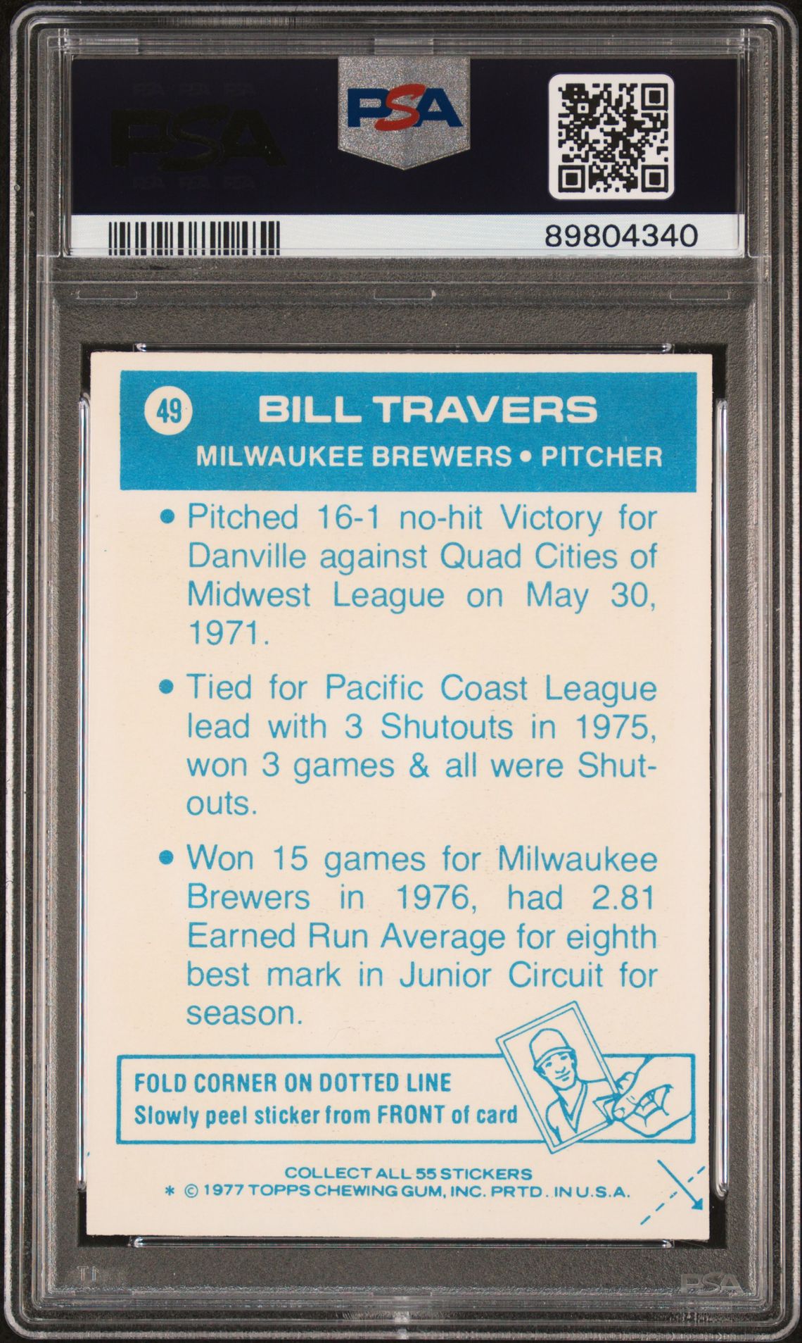 1977 Topps Cloth Stickers Bill Travers #49 (Cloth Stickers) Nm-Mt 8 back