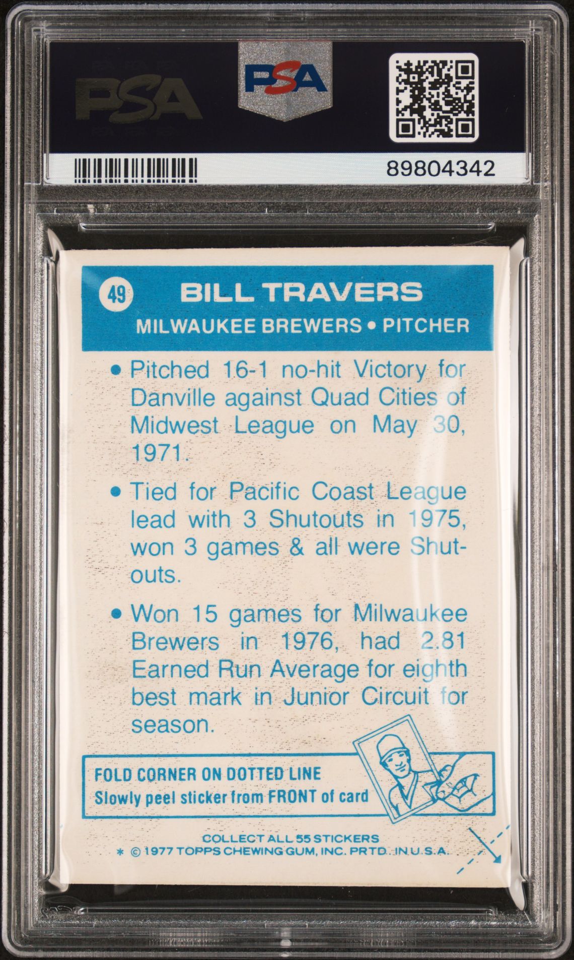 1977 Topps Cloth Stickers Bill Travers #49 (Cloth Stickers) Vg-Ex 4 back
