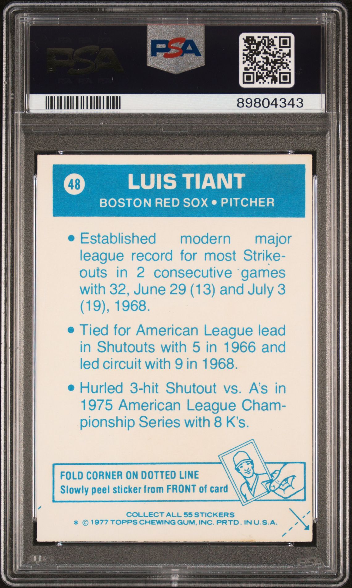 1977 Topps Cloth Stickers Luis Tiant #48 (Cloth Stickers) Mint 9 back