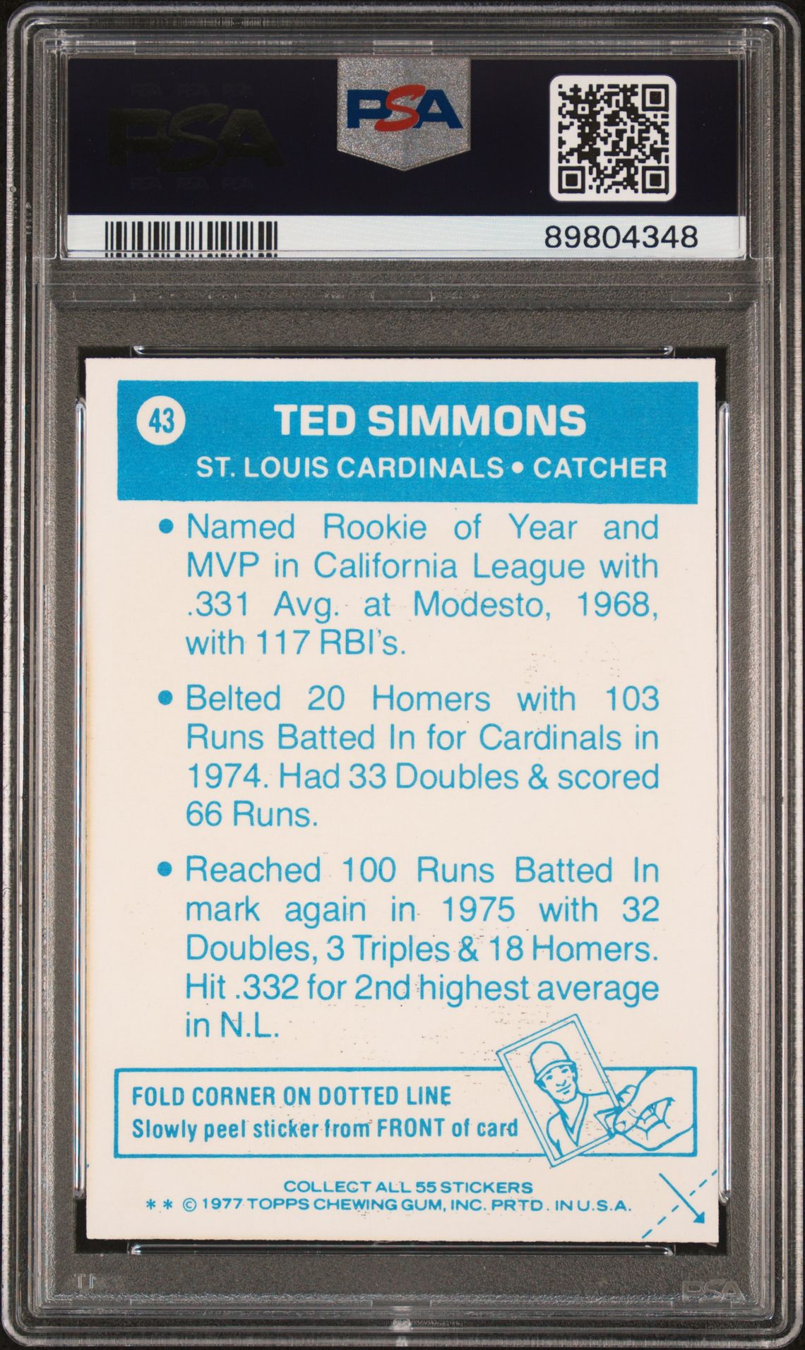 1977 Topps Cloth Stickers Ted Simmons #43 (Cloth Stickers) Nm-Mt 8 back