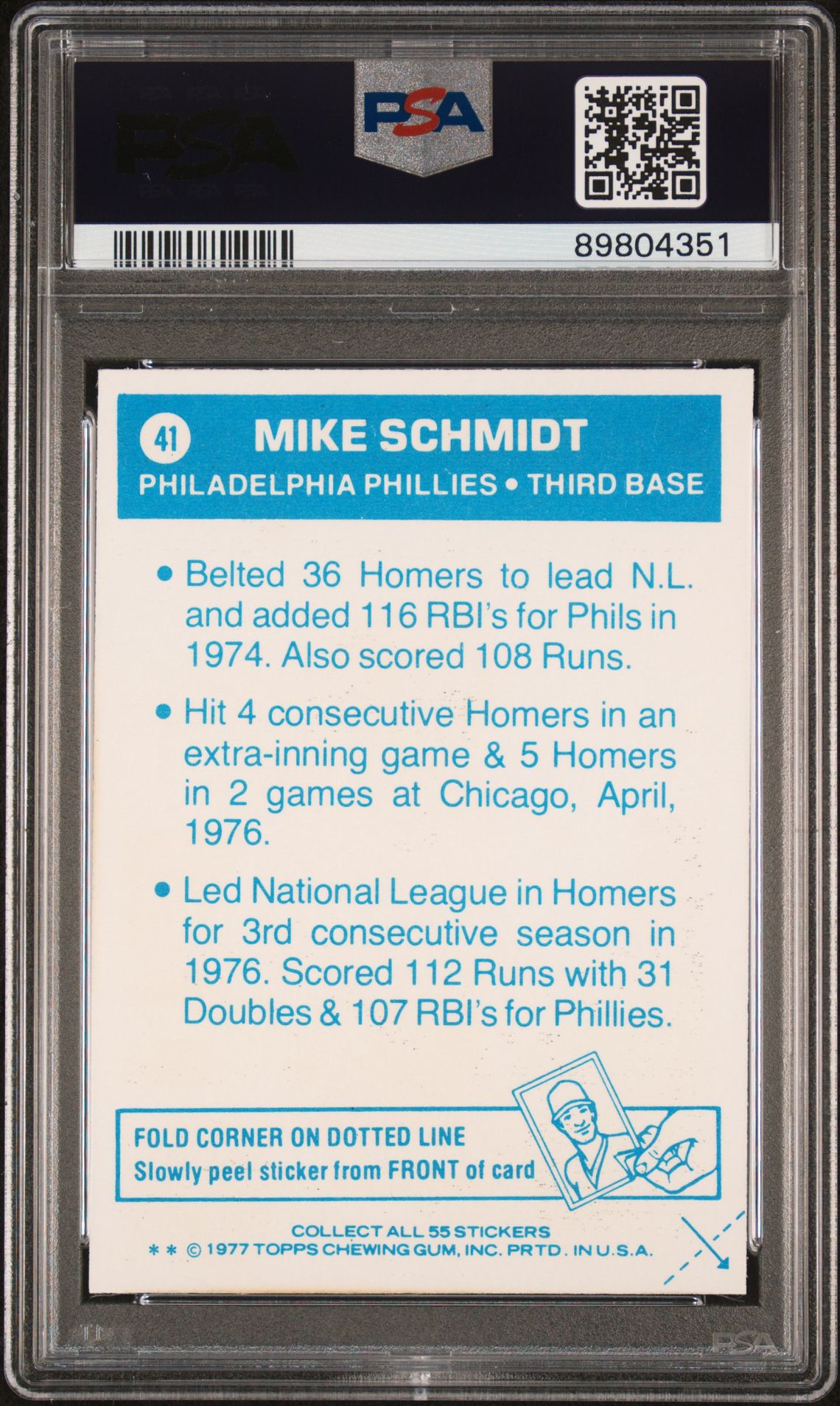 1977 Topps Cloth Stickers Mike Schmidt #41 (Cloth Stickers) Nm 7 back