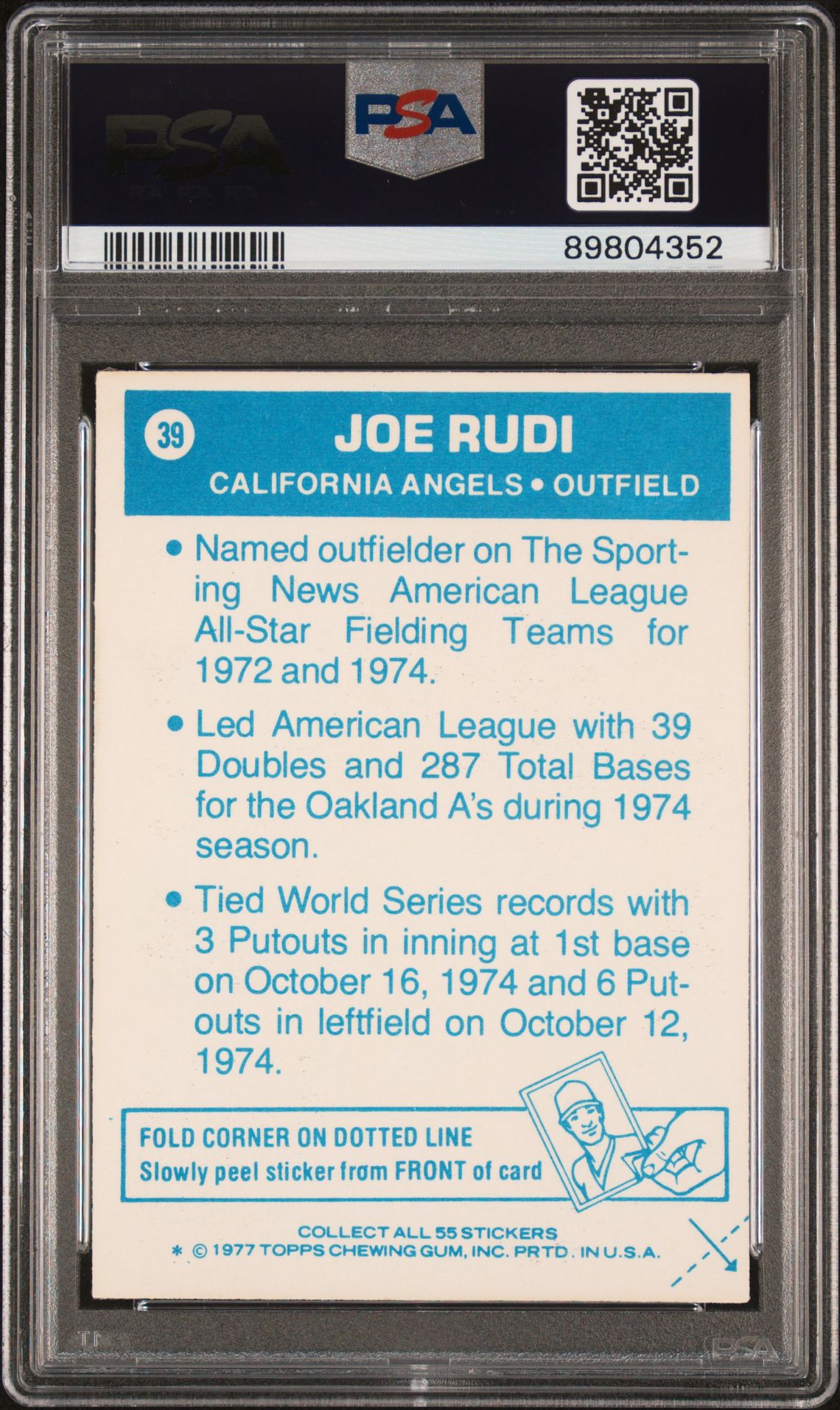 1977 Topps Cloth Stickers Joe Rudi #39 (Cloth Stickers) Nm-Mt 8 back