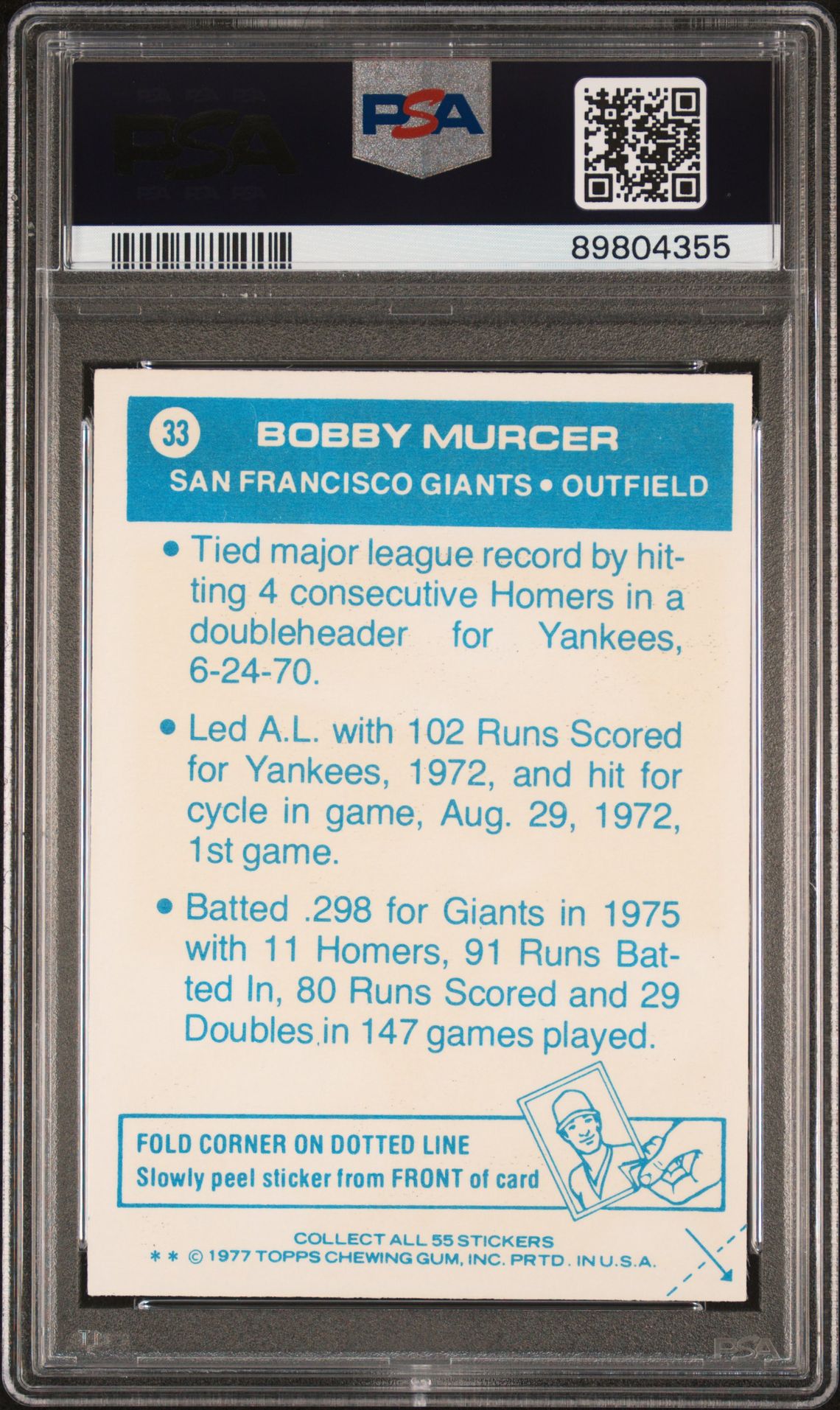 1977 Topps Cloth Stickers Bobby Murcer #33 (Cloth Stickers) Nm 7 back