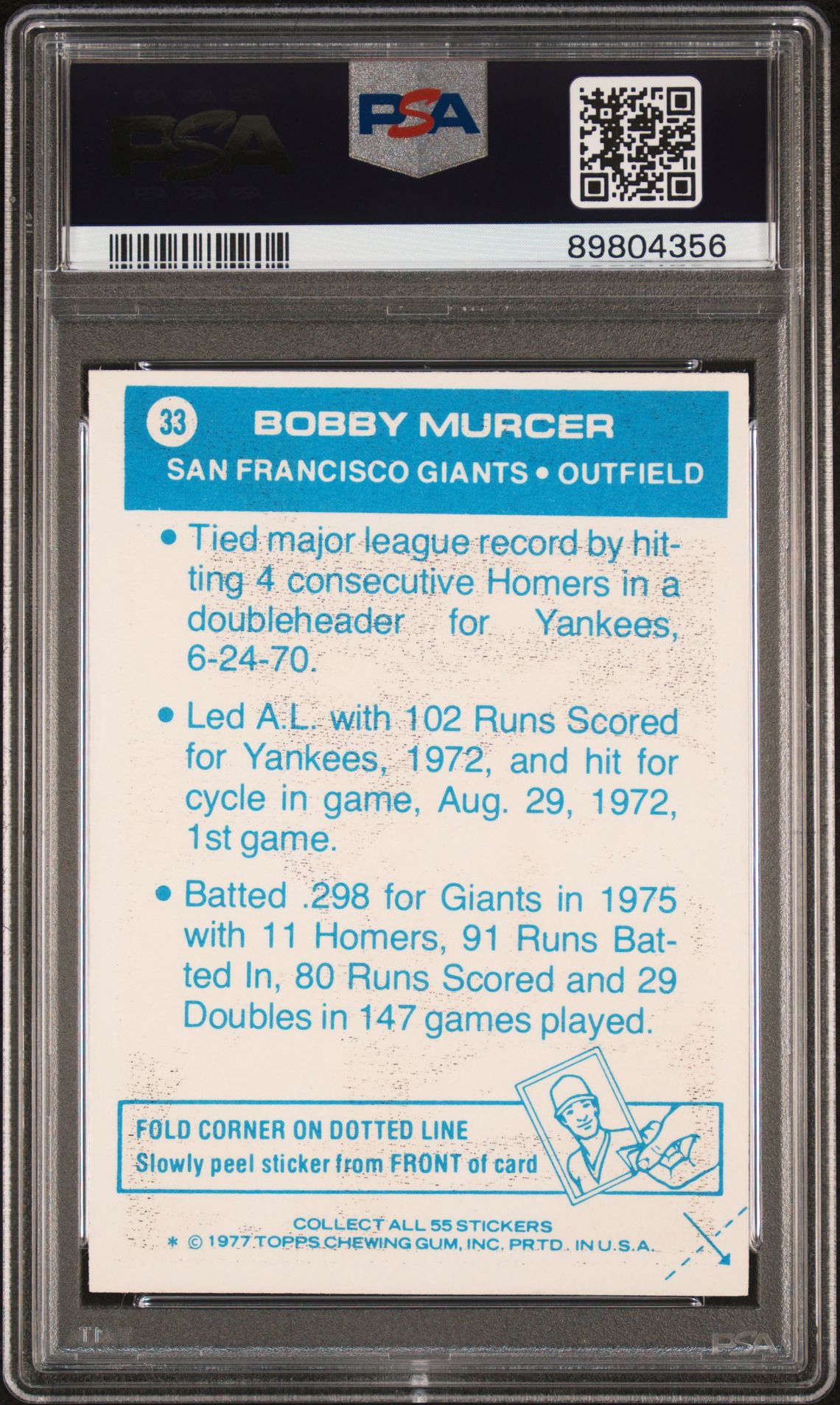 1977 Topps Cloth Stickers Bobby Murcer #33 (Cloth Stickers) Ex 5 back