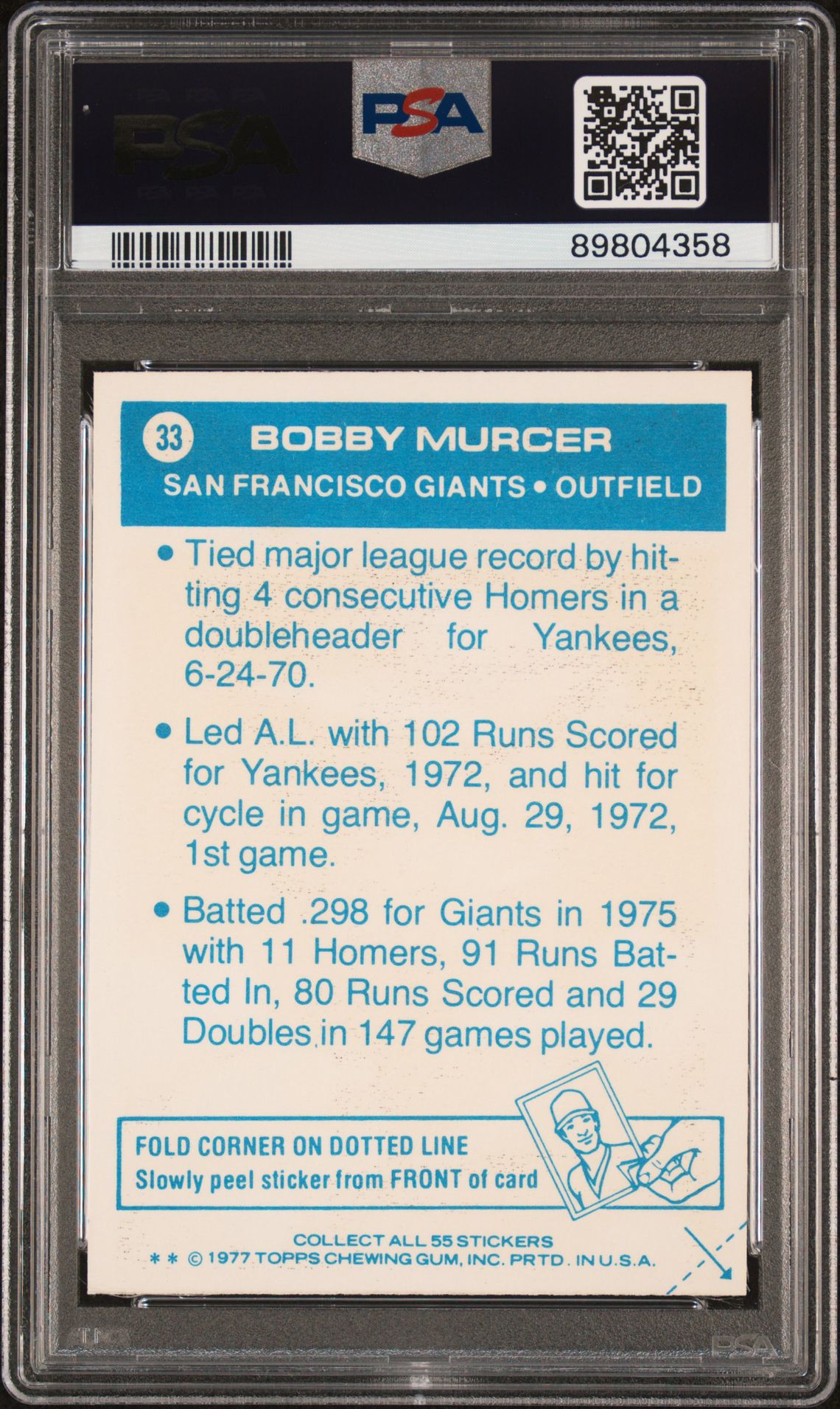 1977 Topps Cloth Stickers Bobby Murcer #33 (Cloth Stickers) Ex-Mt 6 back