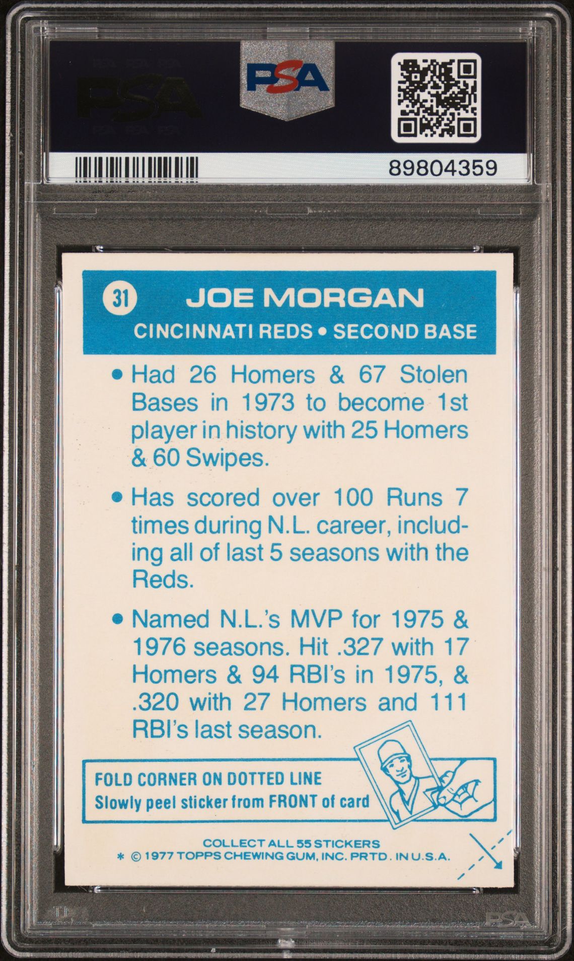1977 Topps Cloth Stickers Joe Morgan #31 (Cloth Stickers) Nm-Mt 8 back