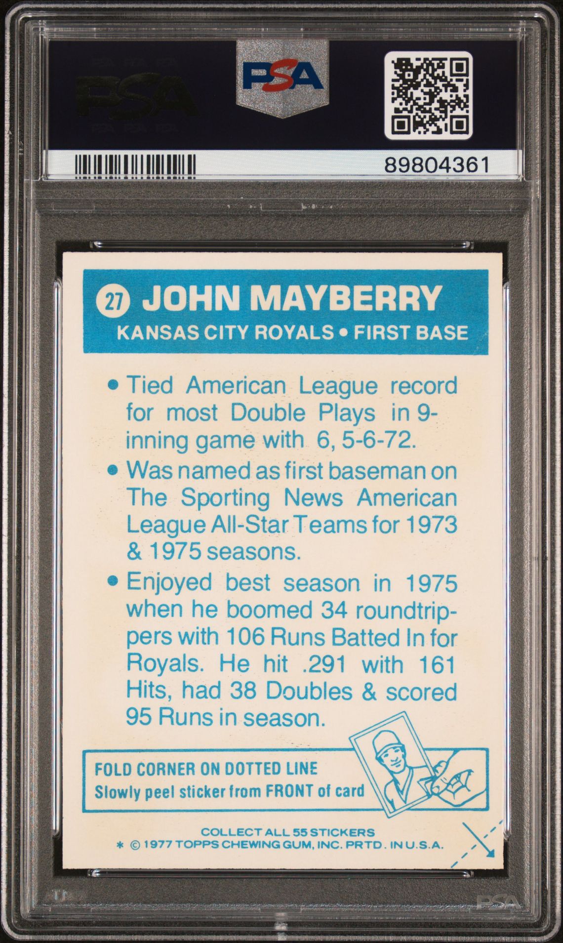 1977 Topps Cloth Stickers John Mayberry #27 (Cloth Stickers) Mint 9 back
