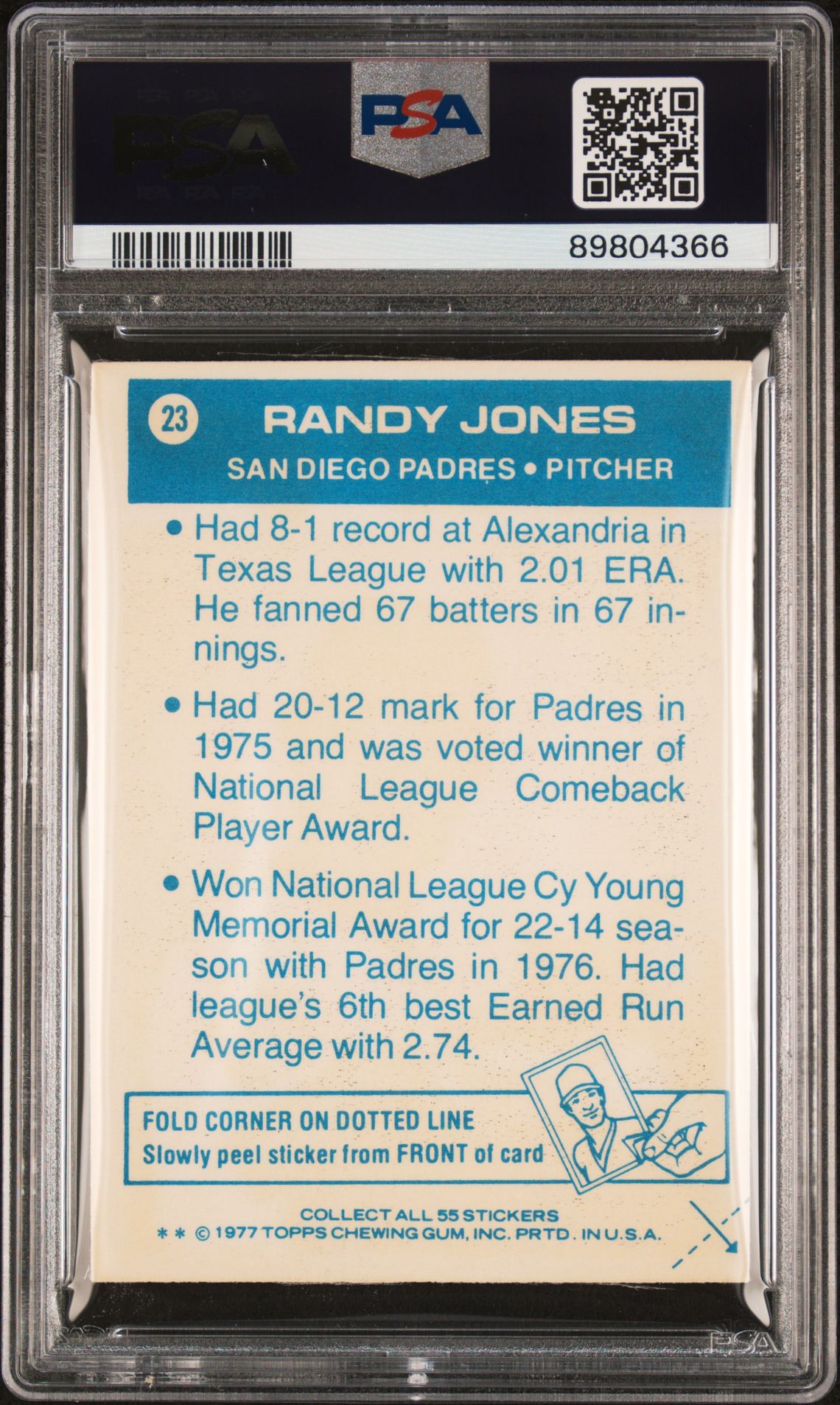 1977 Topps Cloth Stickers Randy Jones #23 (Cloth Stickers) Vg-Ex 4 back