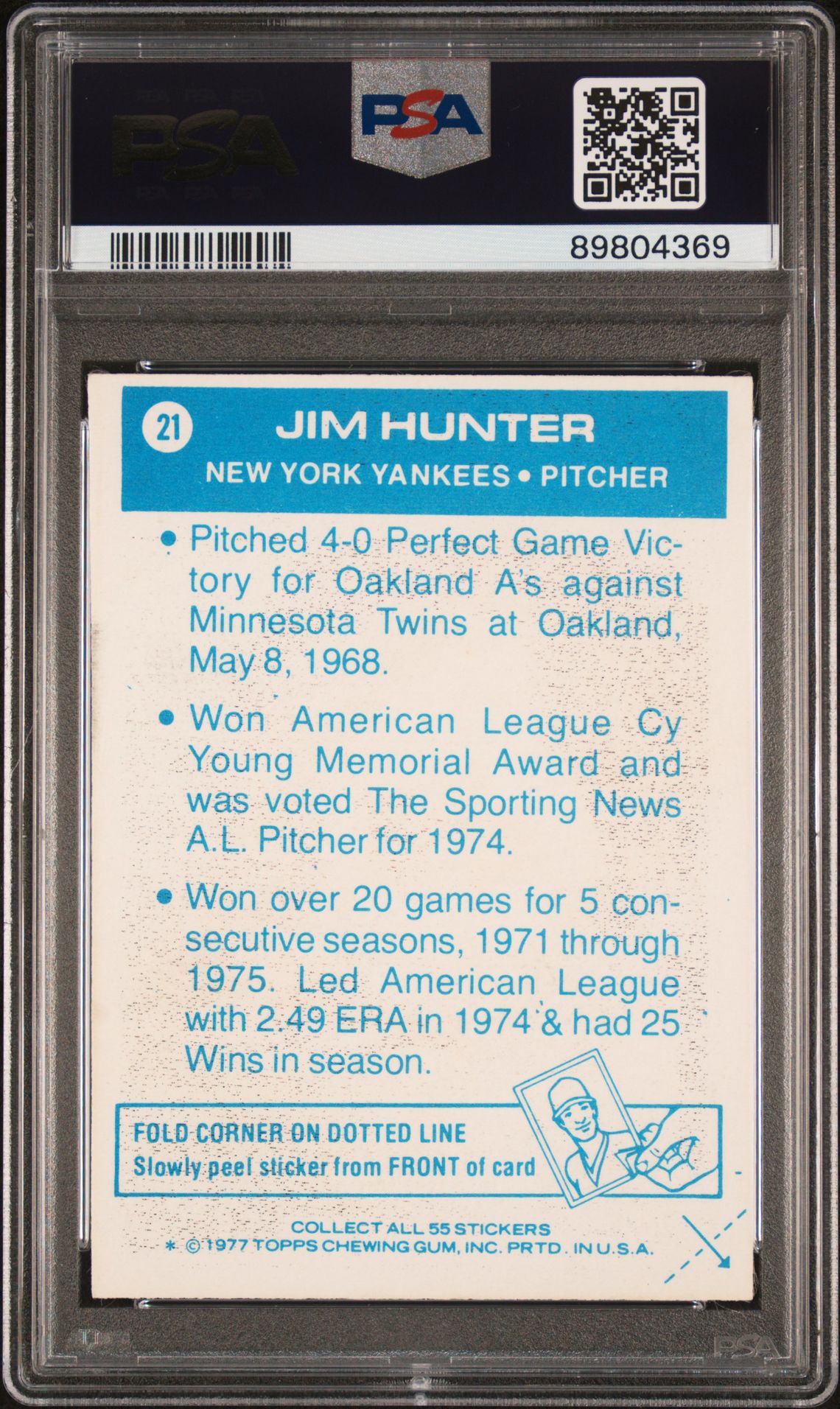 1977 Topps Cloth Stickers Jim Hunter #21 (Cloth Stickers) Ex 5 back