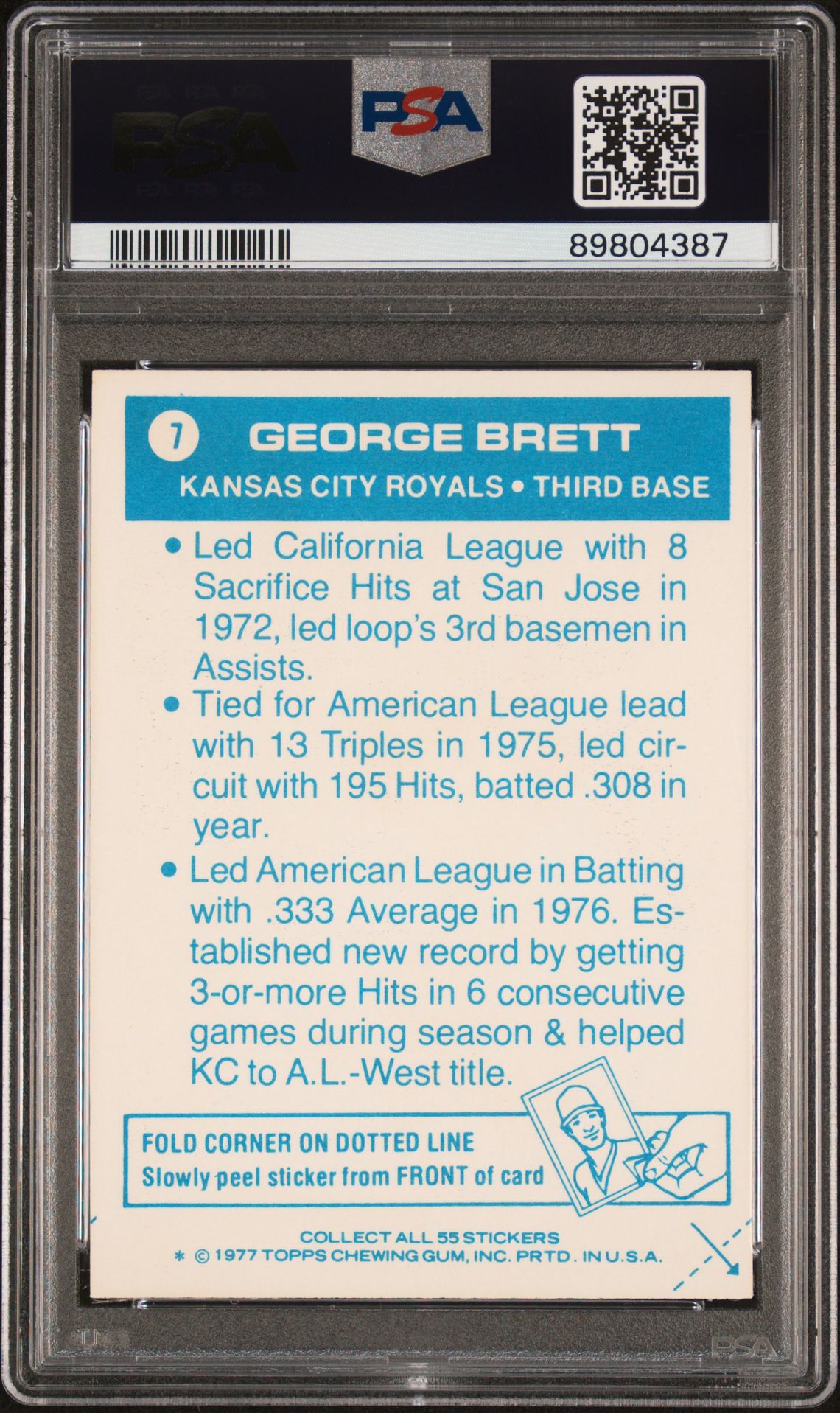 1977 Topps Cloth Stickers George Brett #7 (Cloth Stickers) Ex-Mt 6 back