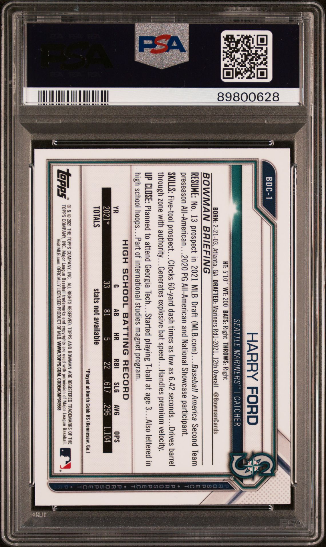 2021 Bowman Draft Harry Ford #Bdc1 (Chrome) Mint 9 back