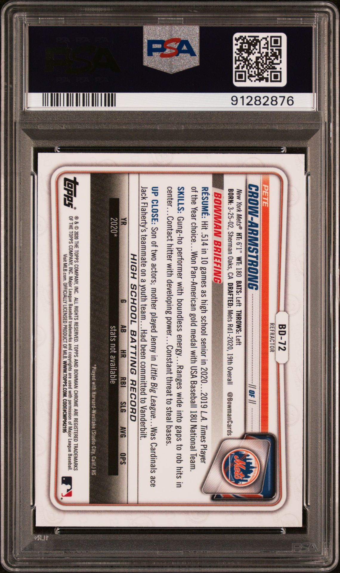 2020 Bowman Draft P.crow-Armstrong #Bd72 (Chrome-Refractor) Gem Mt 10 back