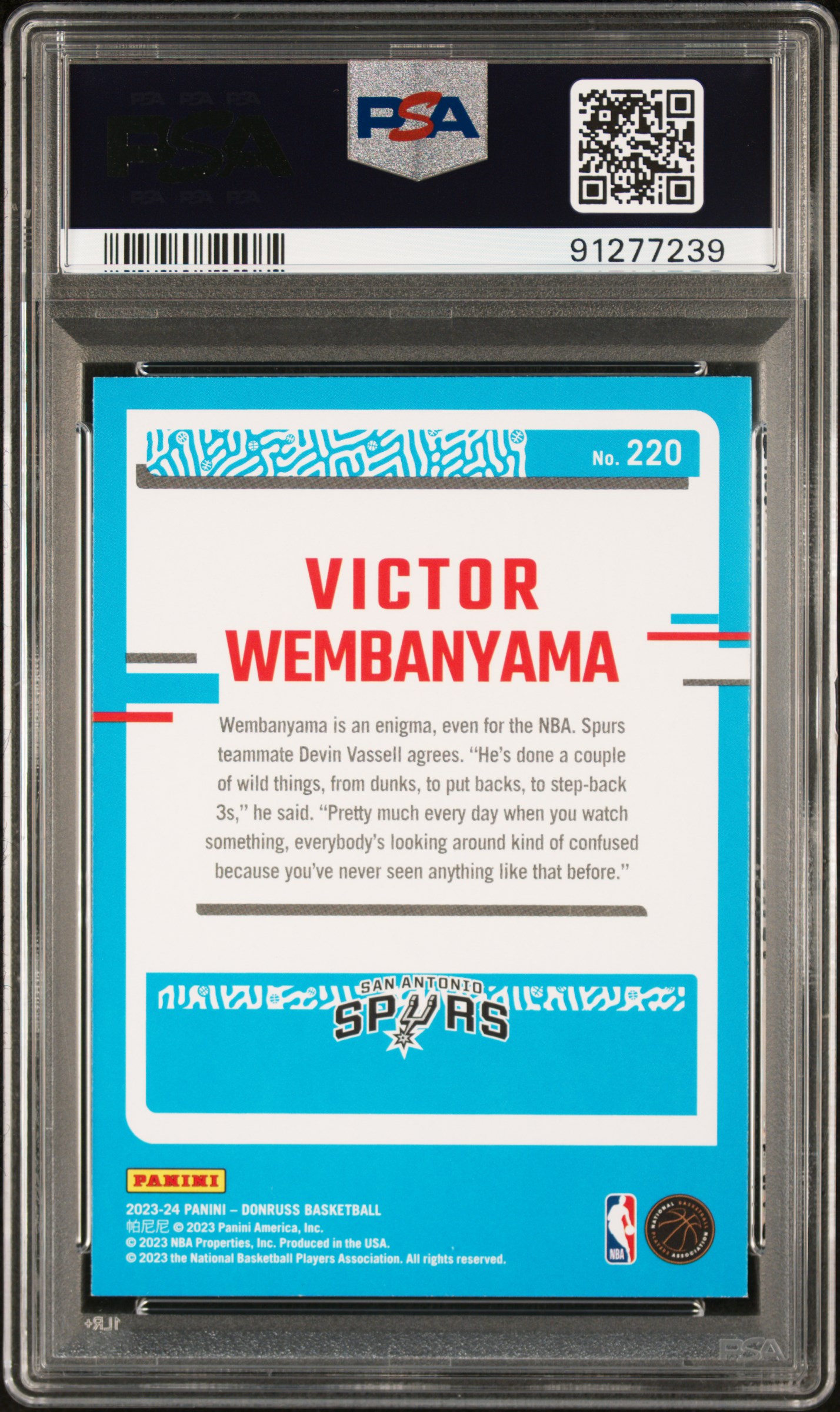 2023 Panini Donruss Victor Wembanyama #220 Gem Mt 10 back