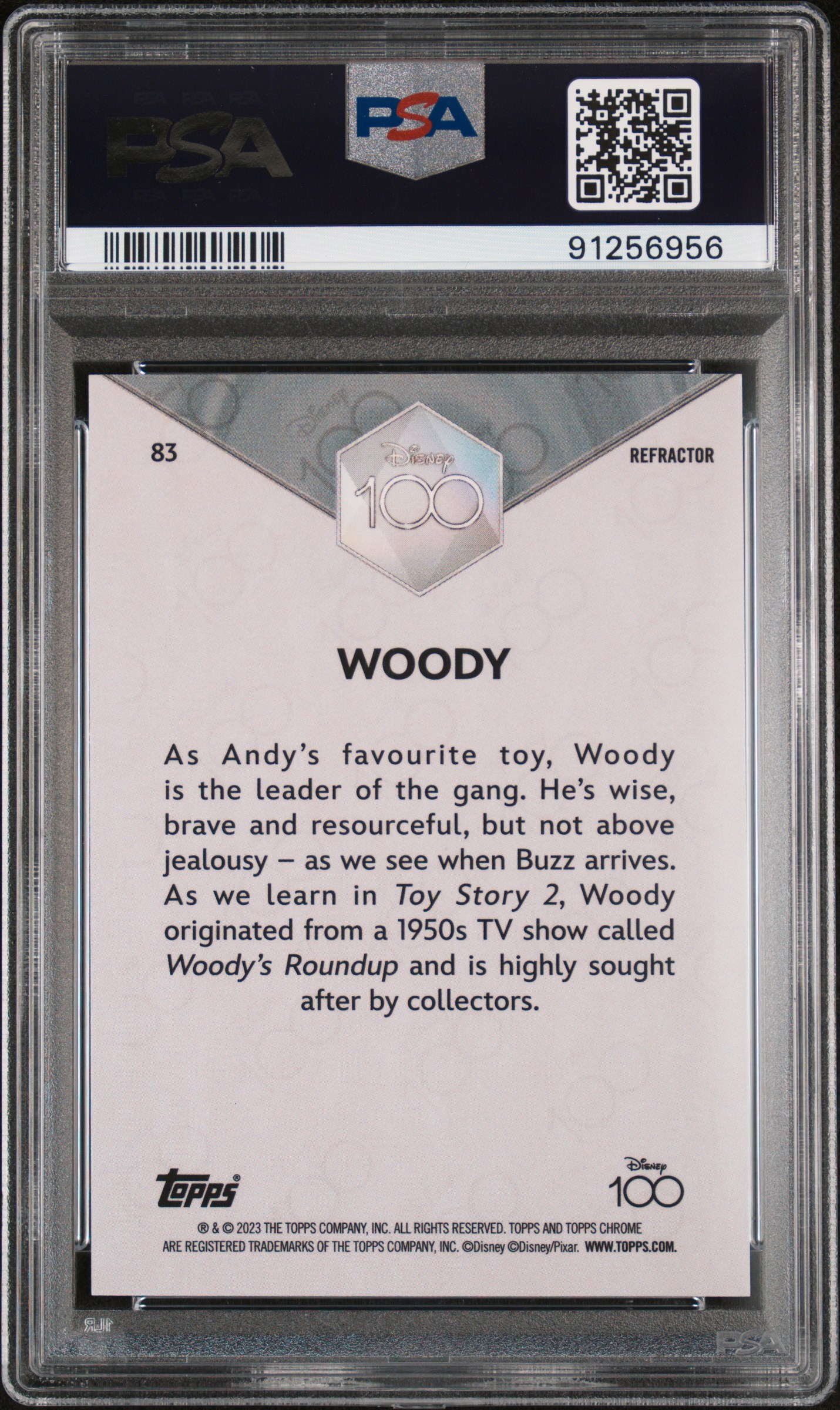 2023 Topps Chrome Disney100 Woody #83 (Refractor) Gem Mt 10 back