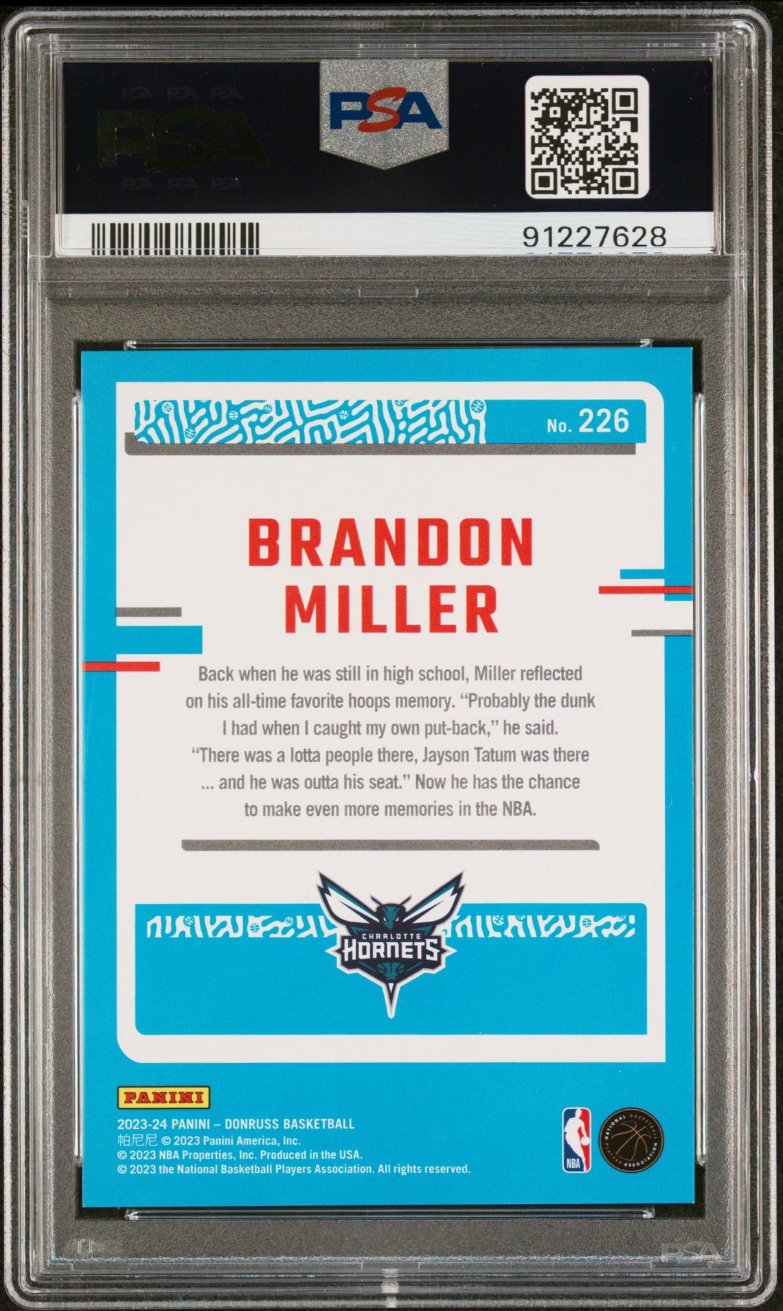 2023 Panini Donruss Brandon Miller #226 (Holo Orange Laser) Mint 9 back