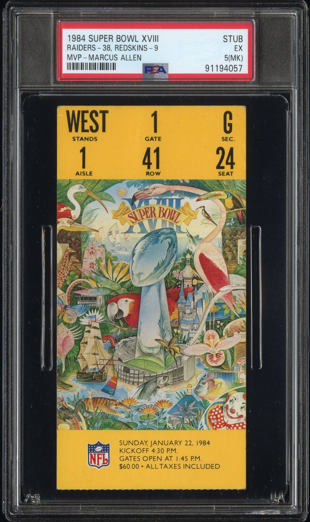 1984 Super Bowl Xviii-Stub Raiders-38, Redskins-9 #Stub (Mvp-Marcus Allen) Ex 5 (Mk) front