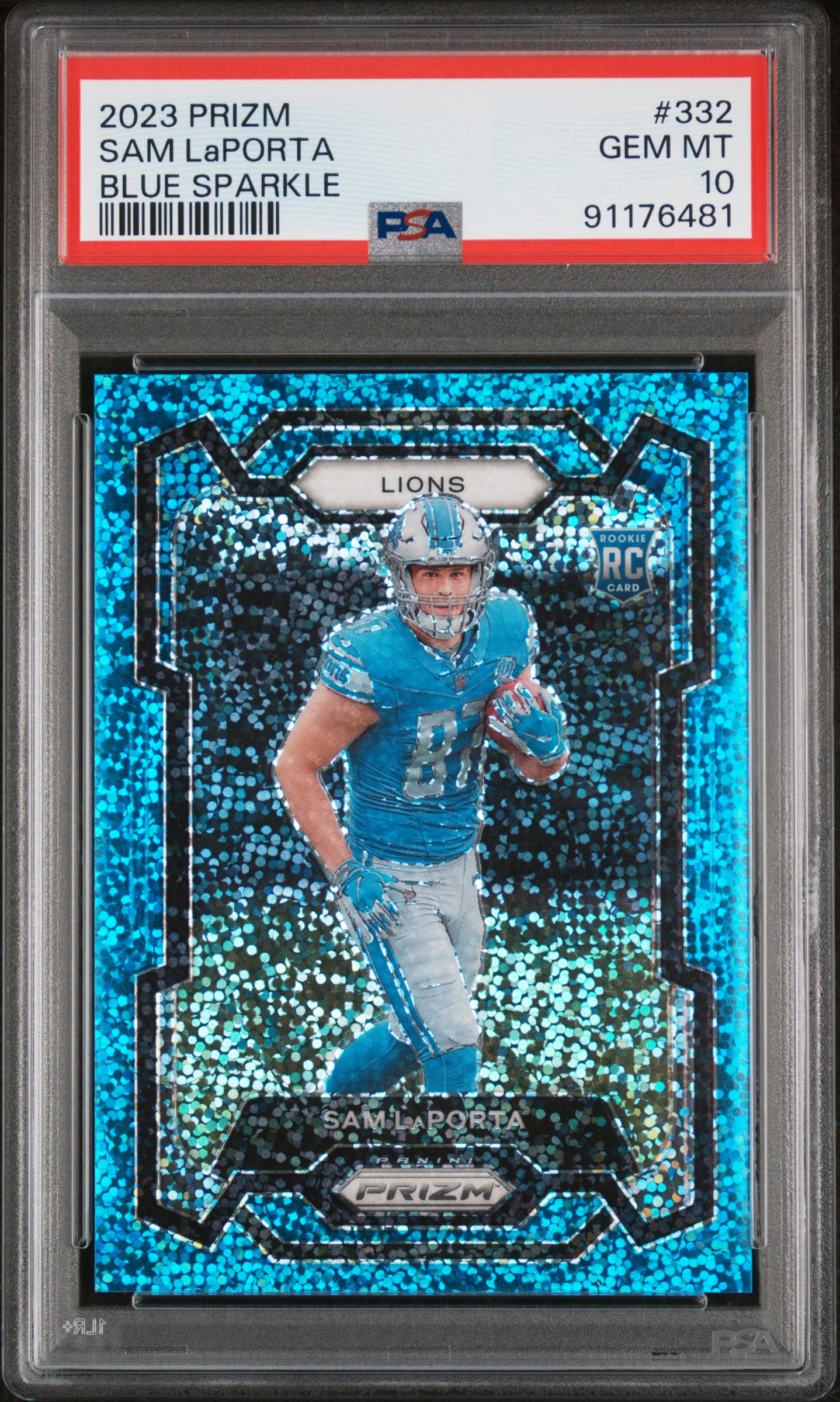 2023 Panini Prizm Sam Laporta #332 (Blue Sparkle) Gem Mt 10 front