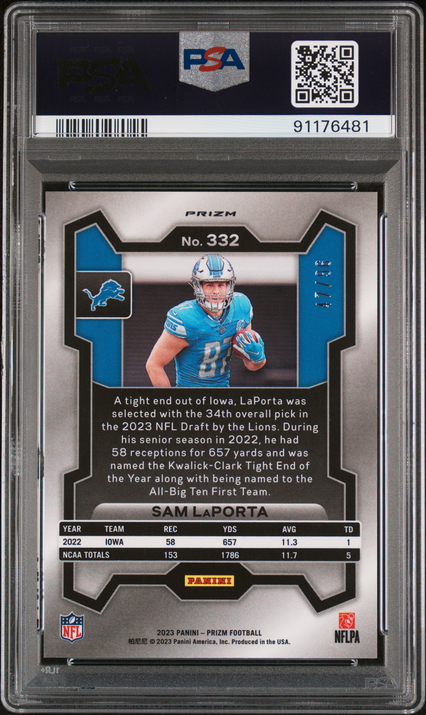 2023 Panini Prizm Sam Laporta #332 (Blue Sparkle) Gem Mt 10 back