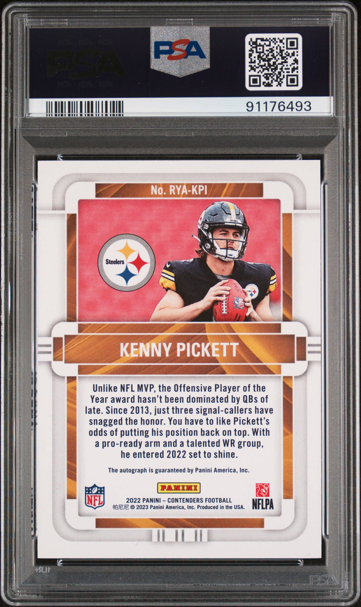 2022 Panini Contenders Rookie Of The Year Contenders Autographs Rps Kenny Pickett #Ryakpi (Roy Contenders Auto Rps) Mint 9 back