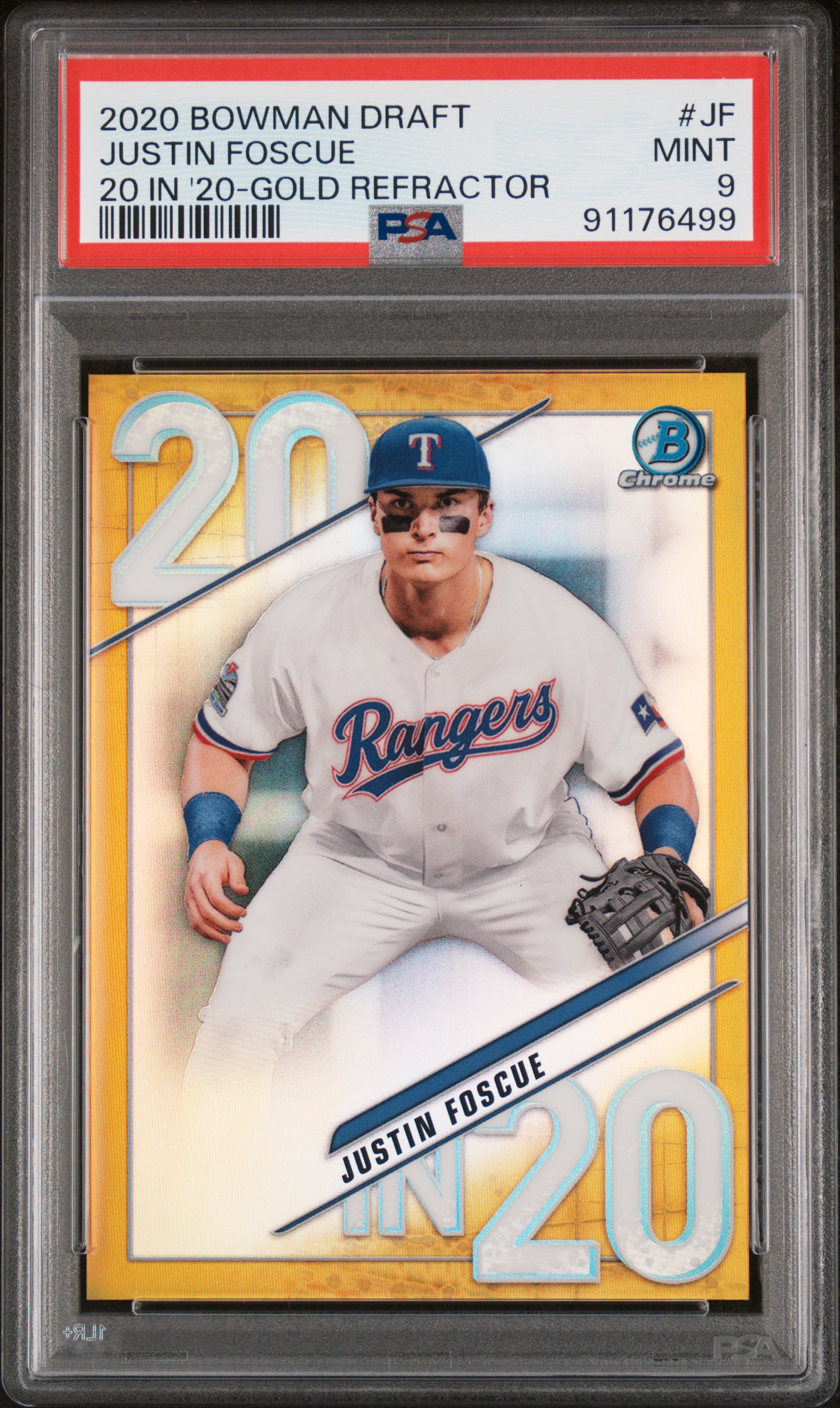 2020 Bowman Draft 20 In '20 Justin Foscue #Jf (20 In '20-Gold Refractor) Mint 9 front
