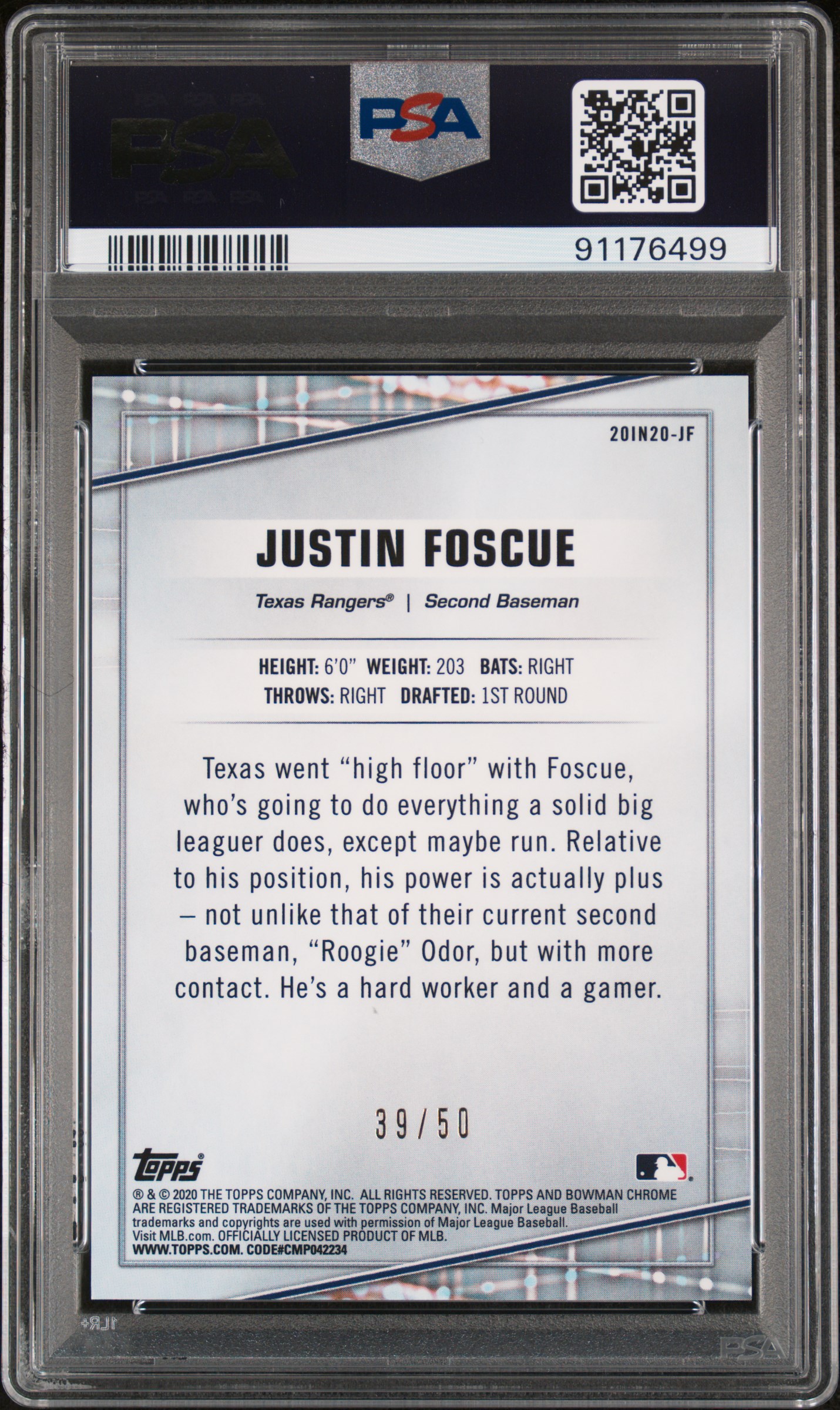 2020 Bowman Draft 20 In '20 Justin Foscue #Jf (20 In '20-Gold Refractor) Mint 9 back