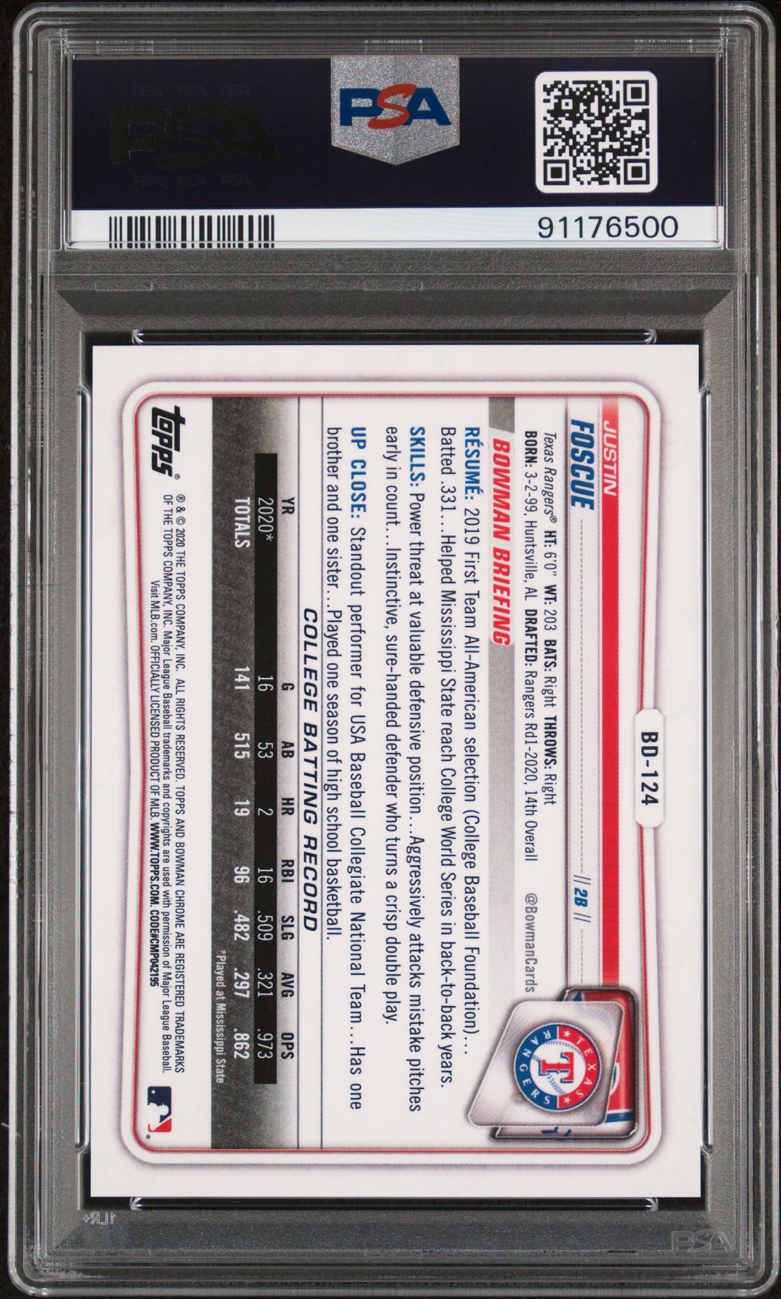 2020 Bowman Draft Justin Foscue #Bd124 (Chrome-Blue Refractor) Gem Mt 10 back