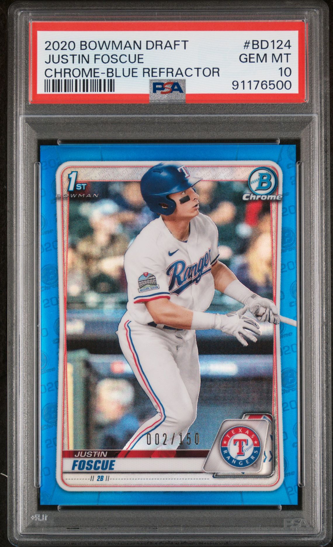 2020 Bowman Draft Justin Foscue #Bd124 (Chrome-Blue Refractor) Gem Mt 10 front