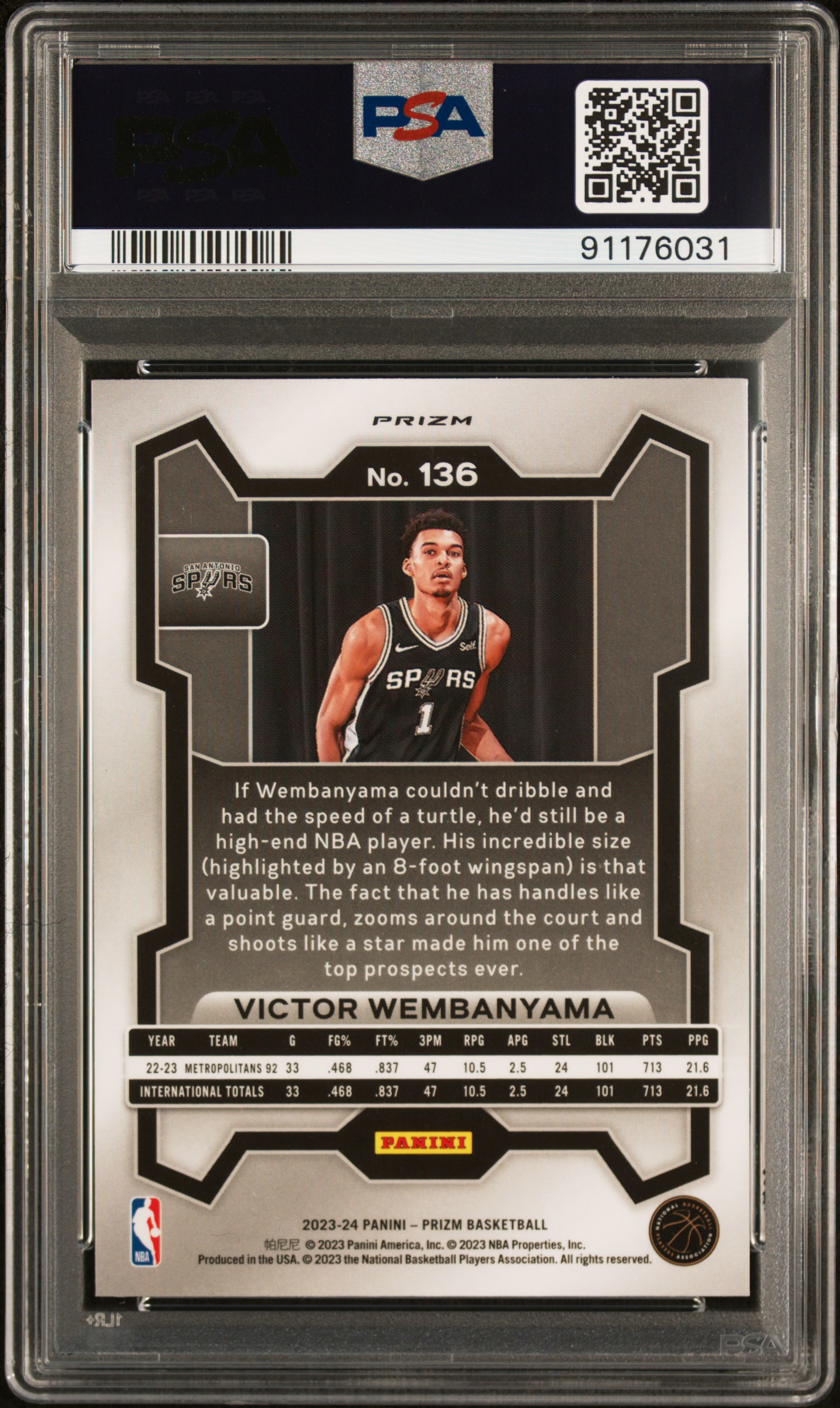 2023 Panini Prizm Victor Wembanyama #136 (Pink Ice) Gem Mt 10 back