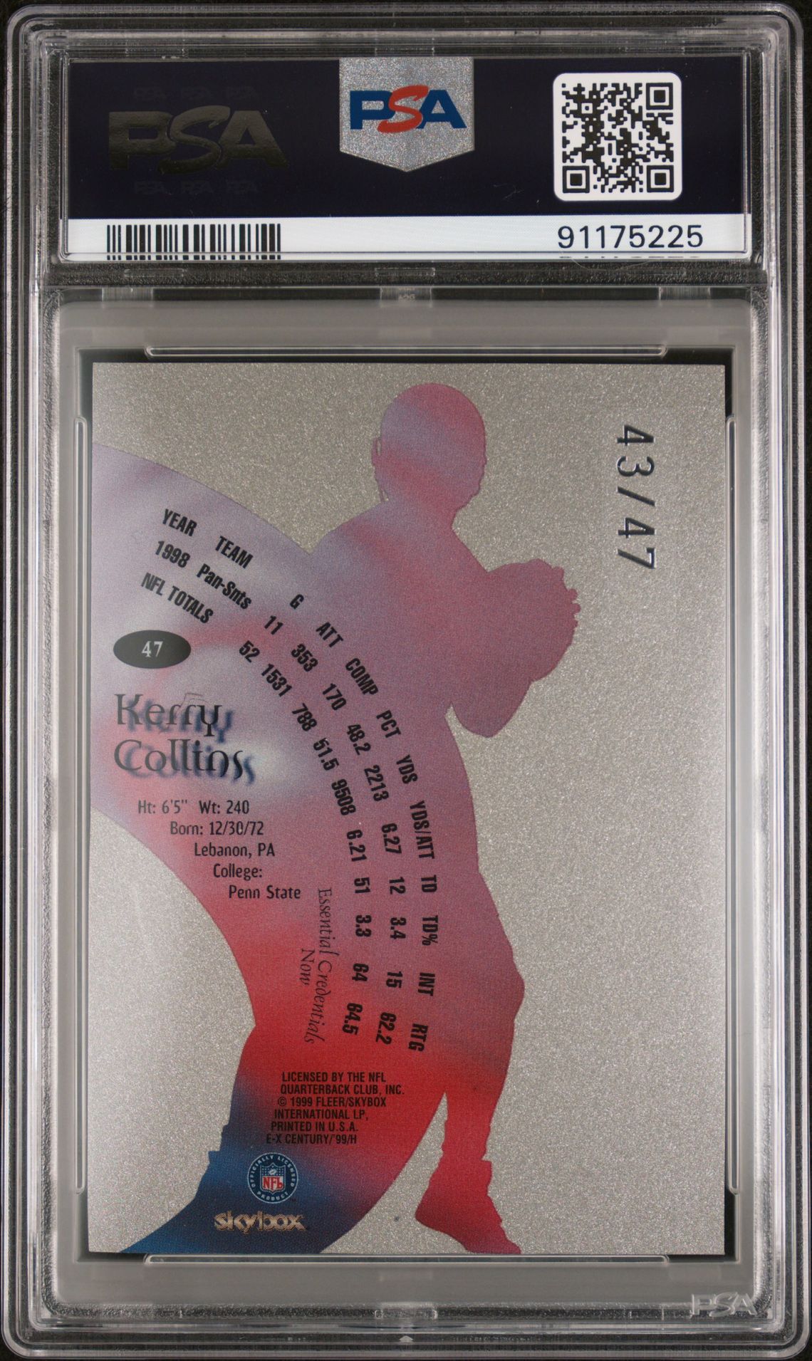 1999 Skybox E-X Century Kerry Collins #47 (Essential Credentials Now) Mint 9 back