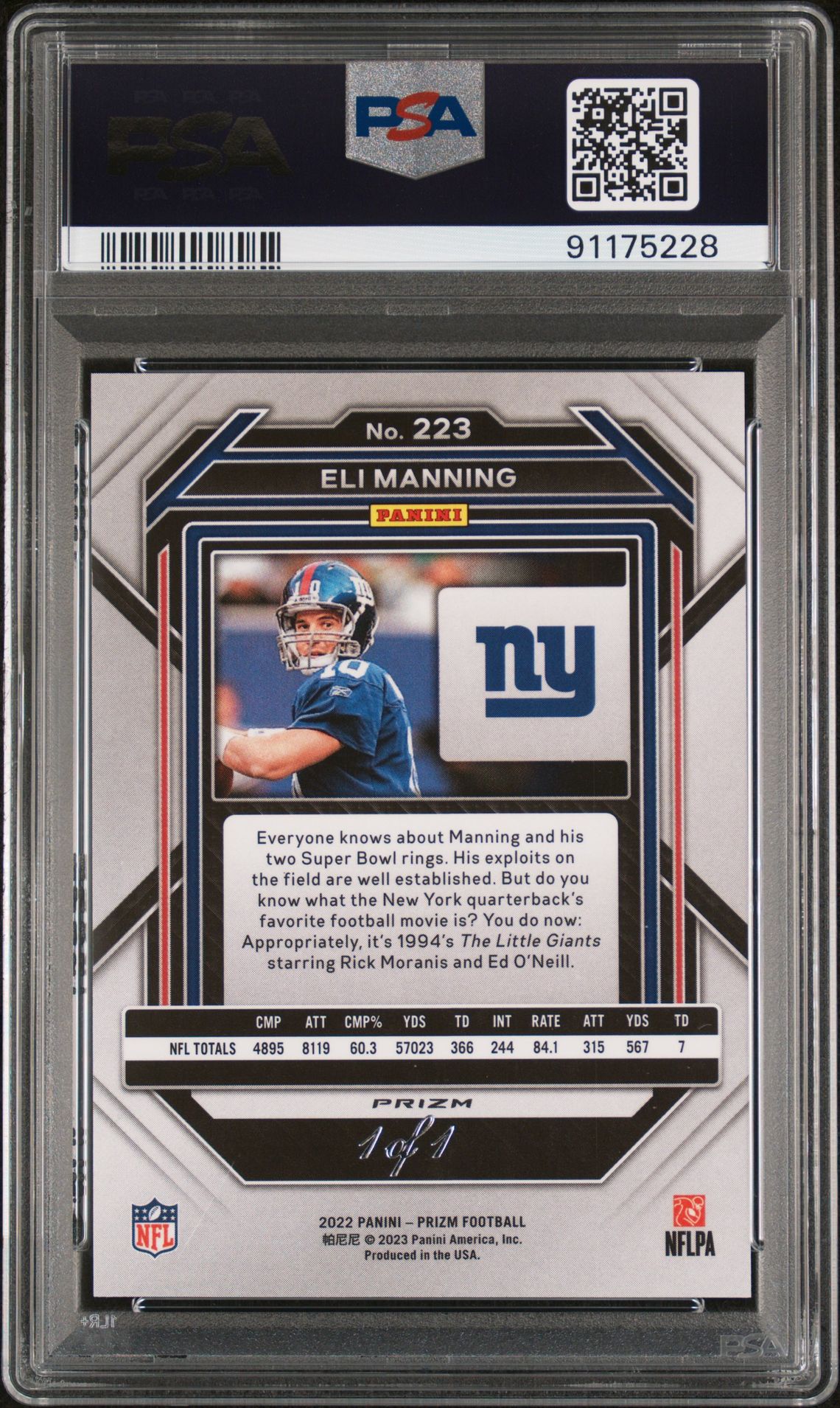 2022 Panini Prizm Eli Manning #223 (Black Shimmer 1/1) Mint 9 back