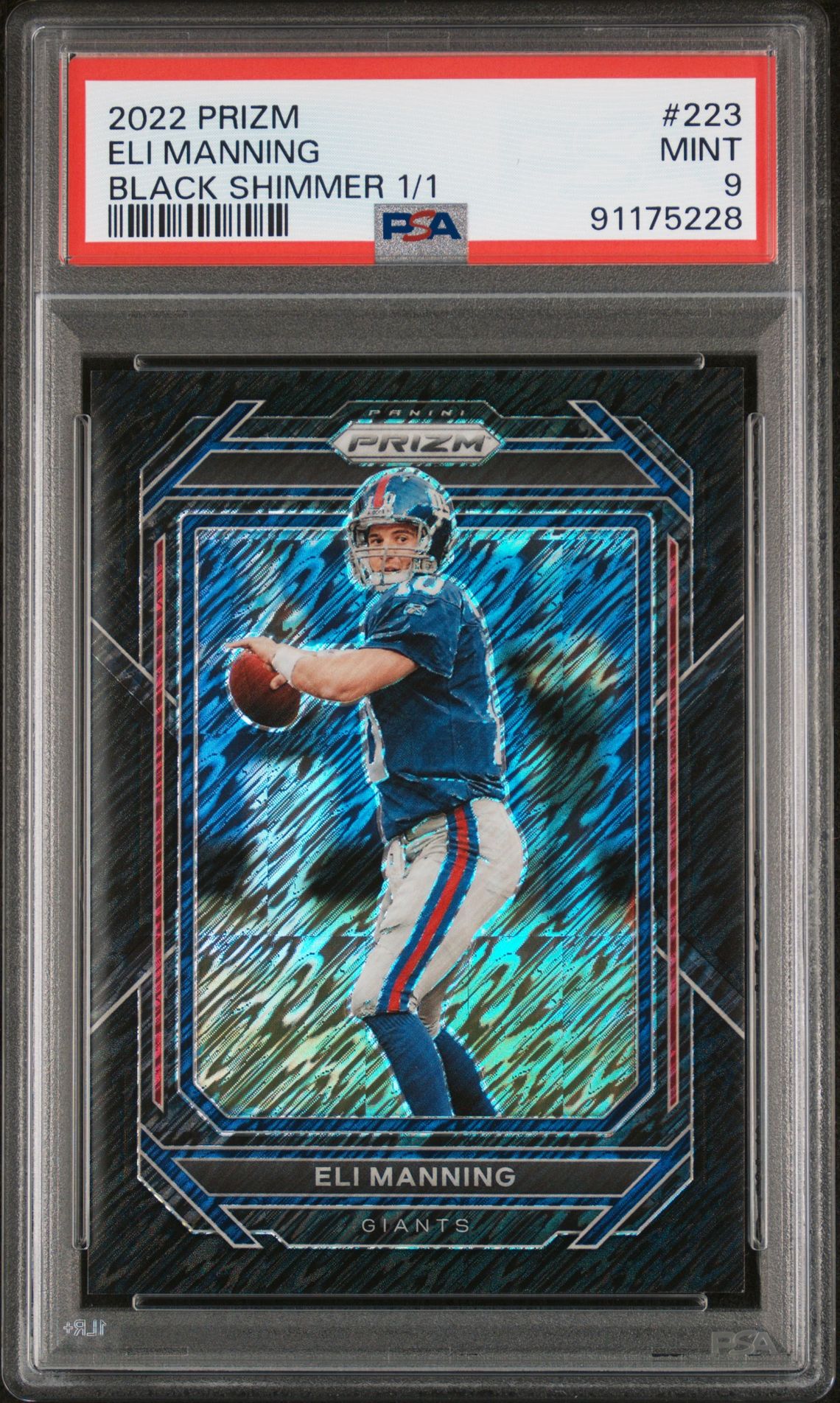 2022 Panini Prizm Eli Manning #223 (Black Shimmer 1/1) Mint 9 front