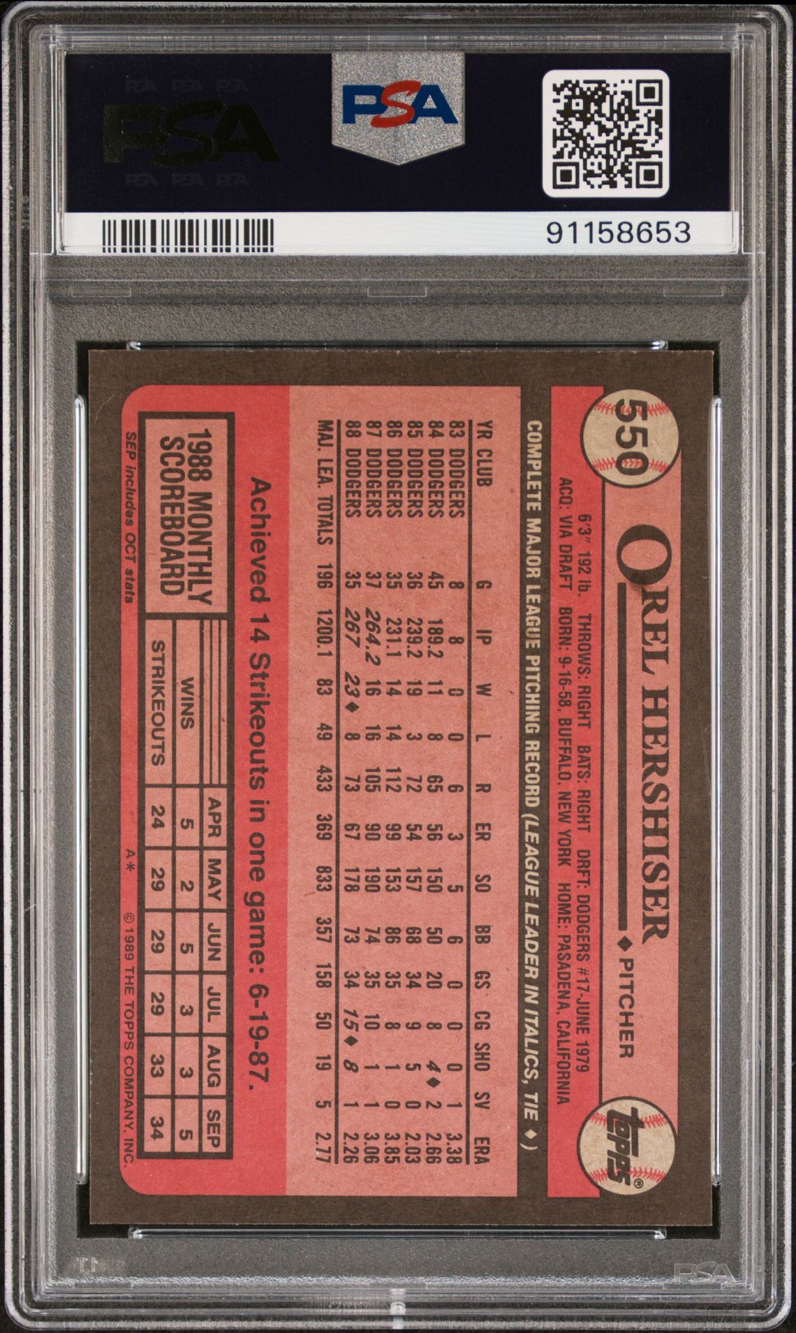 1989 Topps Orel Hershiser #550 Mint 9 back