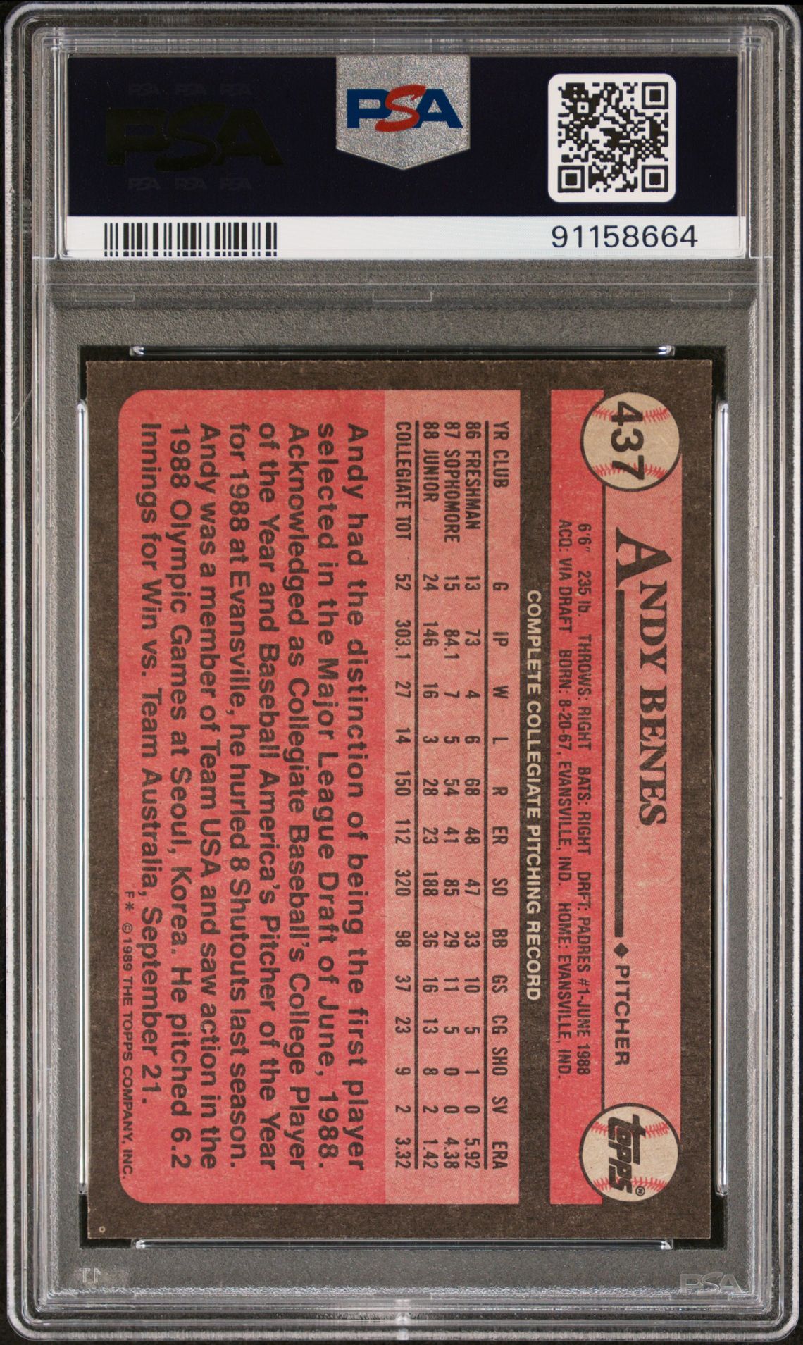 1989 Topps Andy Benes #437 Mint 9 back