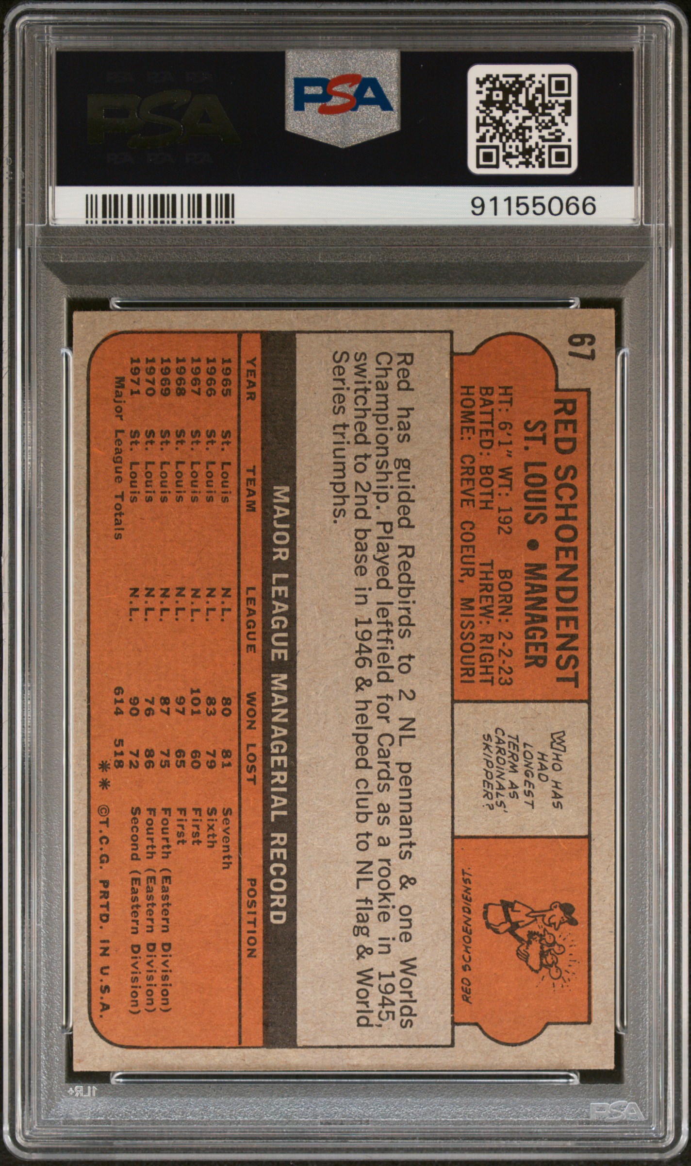 1972 Topps Red Schoendienst #67 back