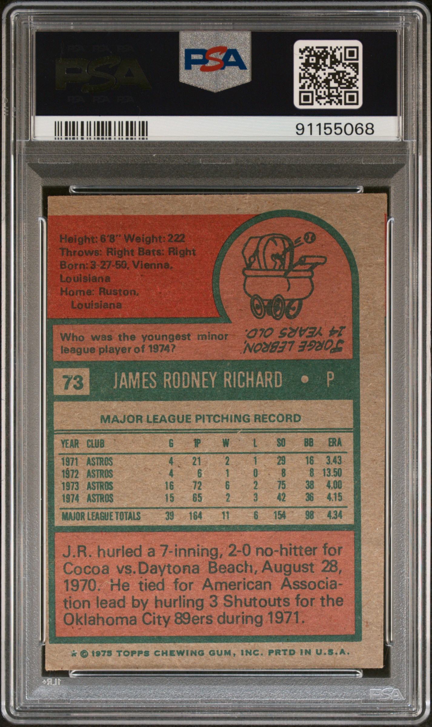 1975 Topps J.r. Richard #73 back