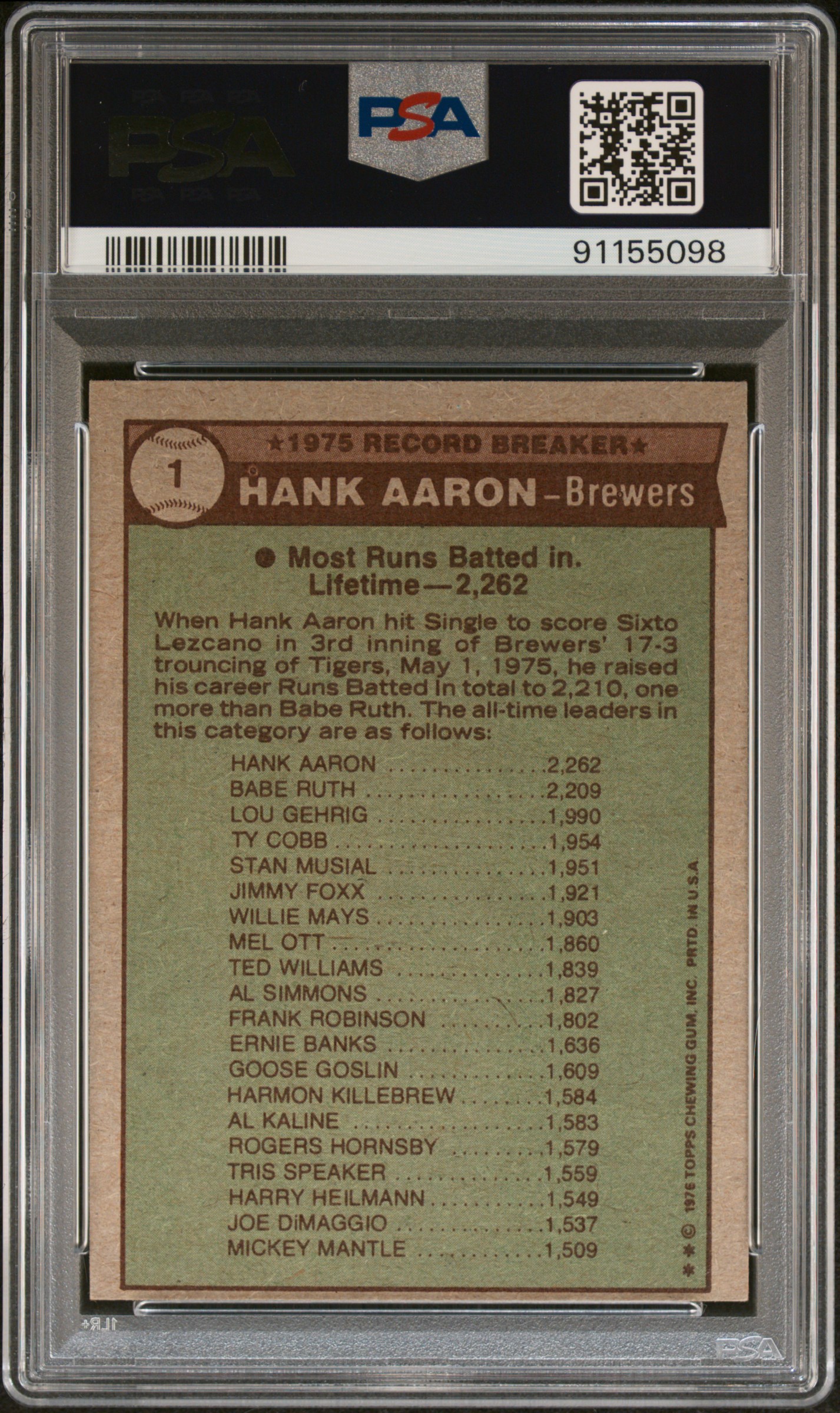 1976 Topps Hank Aaron #1 back