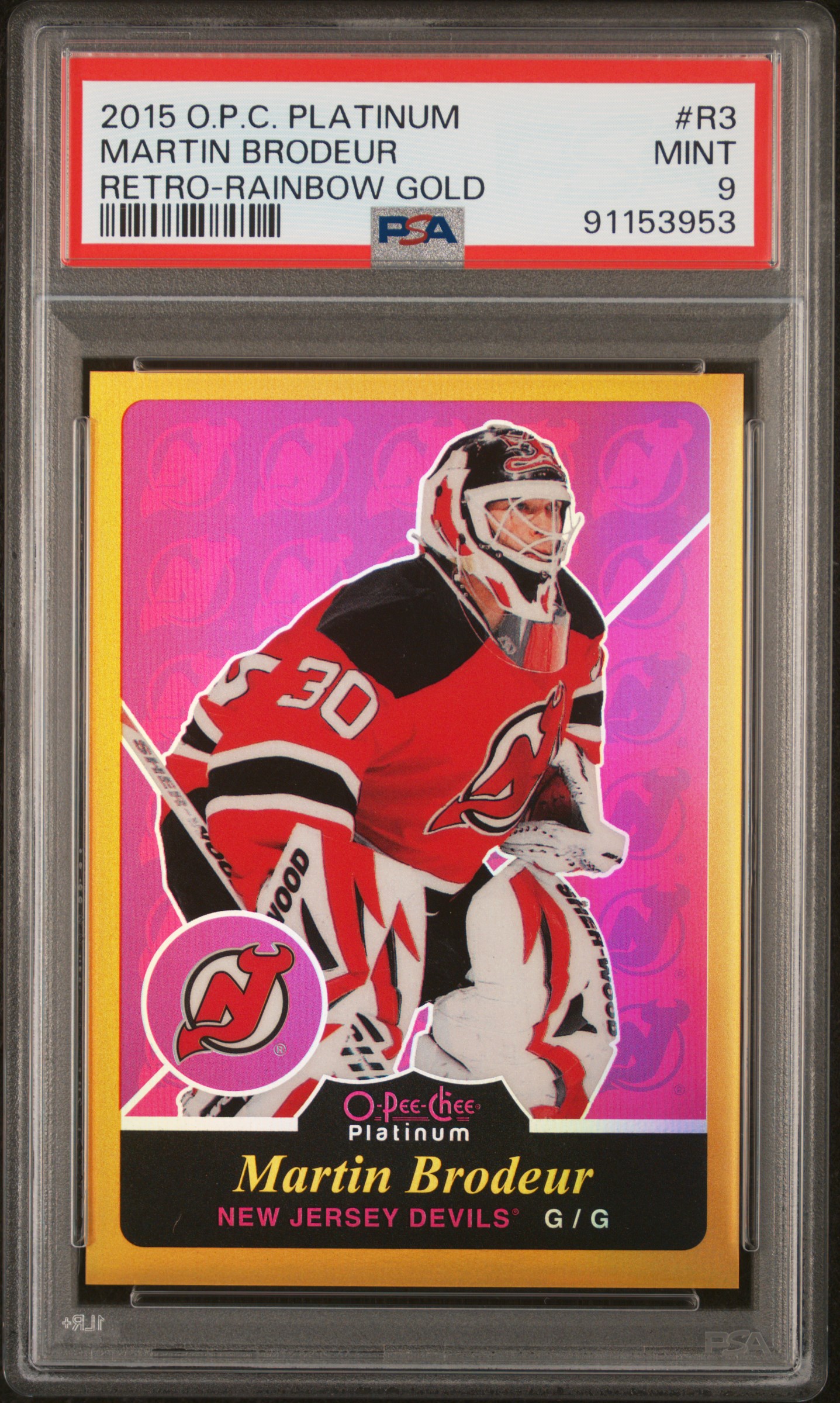 2015 O-Pee-Chee Platinum Retro Martin Brodeur #R3 (Retro-Rainbow Gold) Mint 9 front