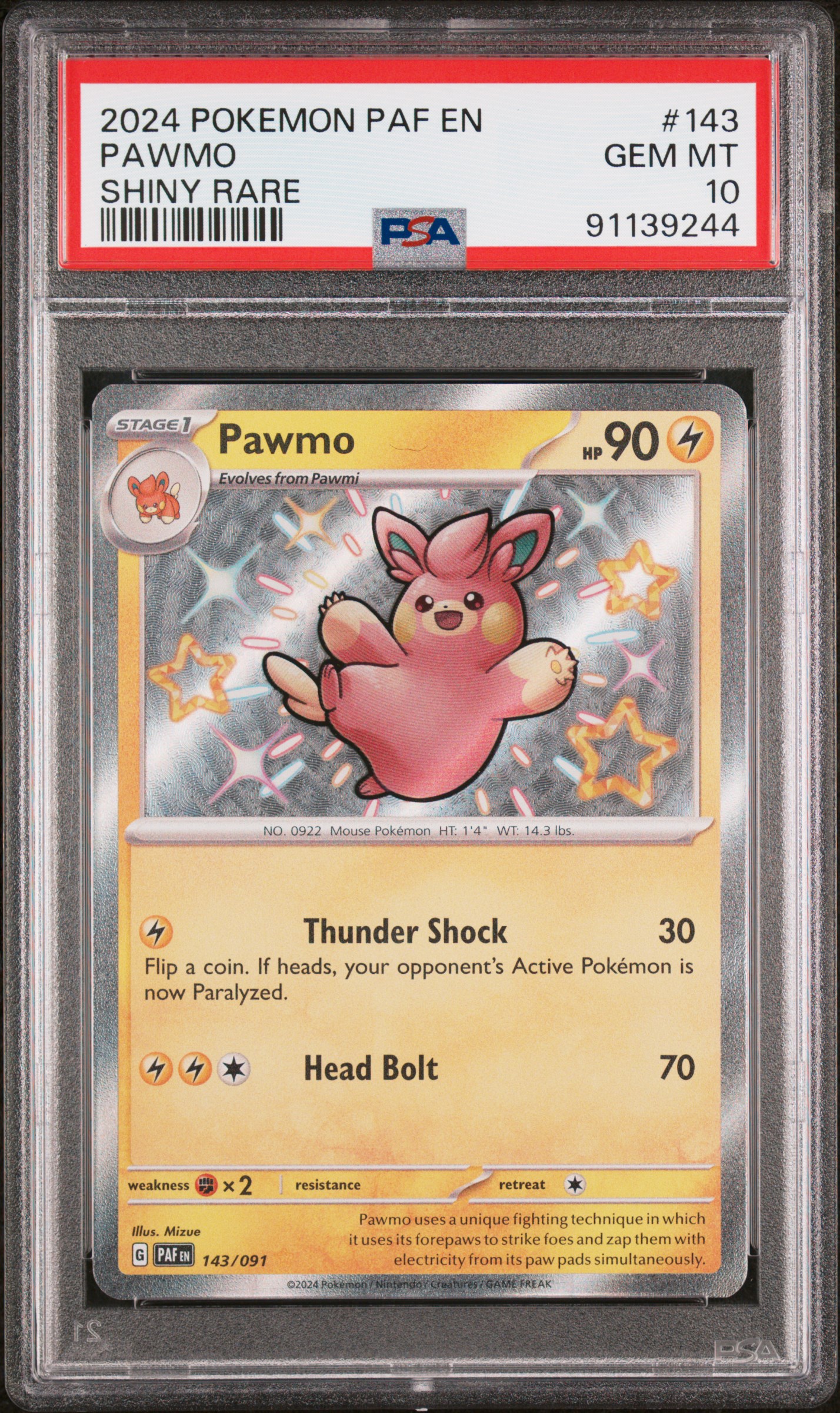 2024 Pokemon PAF EN-Paldean Fates Shiny Rare #143 Pawmo – PSA GEM MT 10