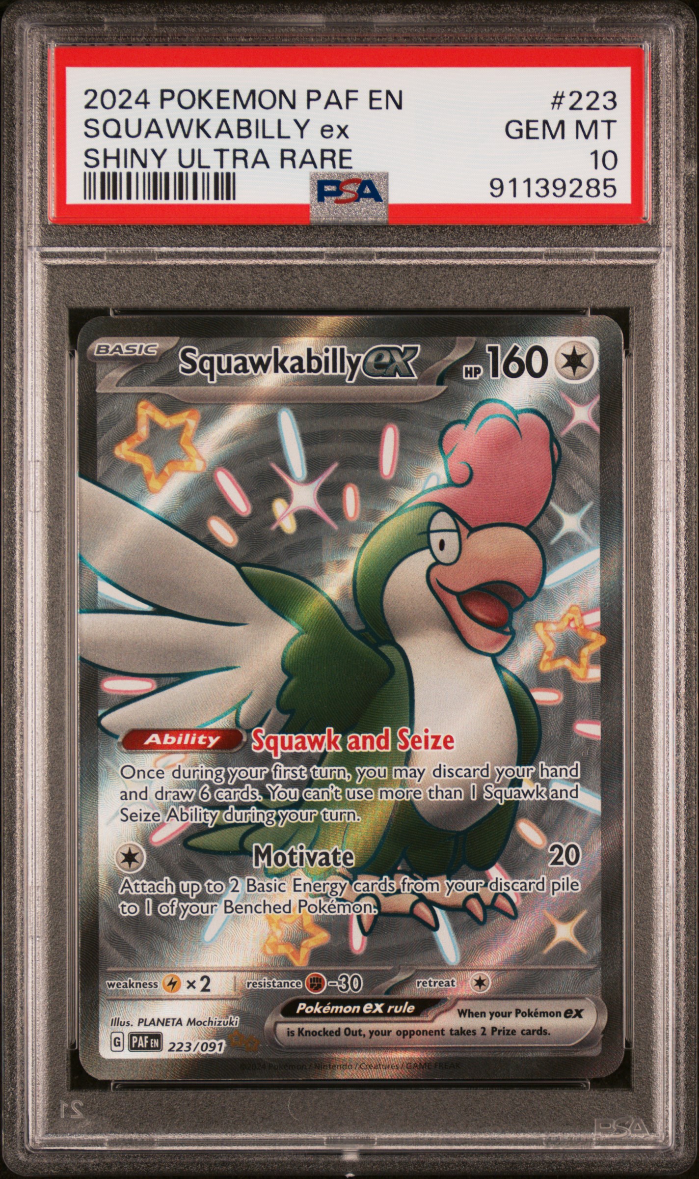 2024 Pokemon PAF EN-Paldean Fates Shiny Ultra Rare 223 Squawkabilly Ex – PSA GEM MT 10