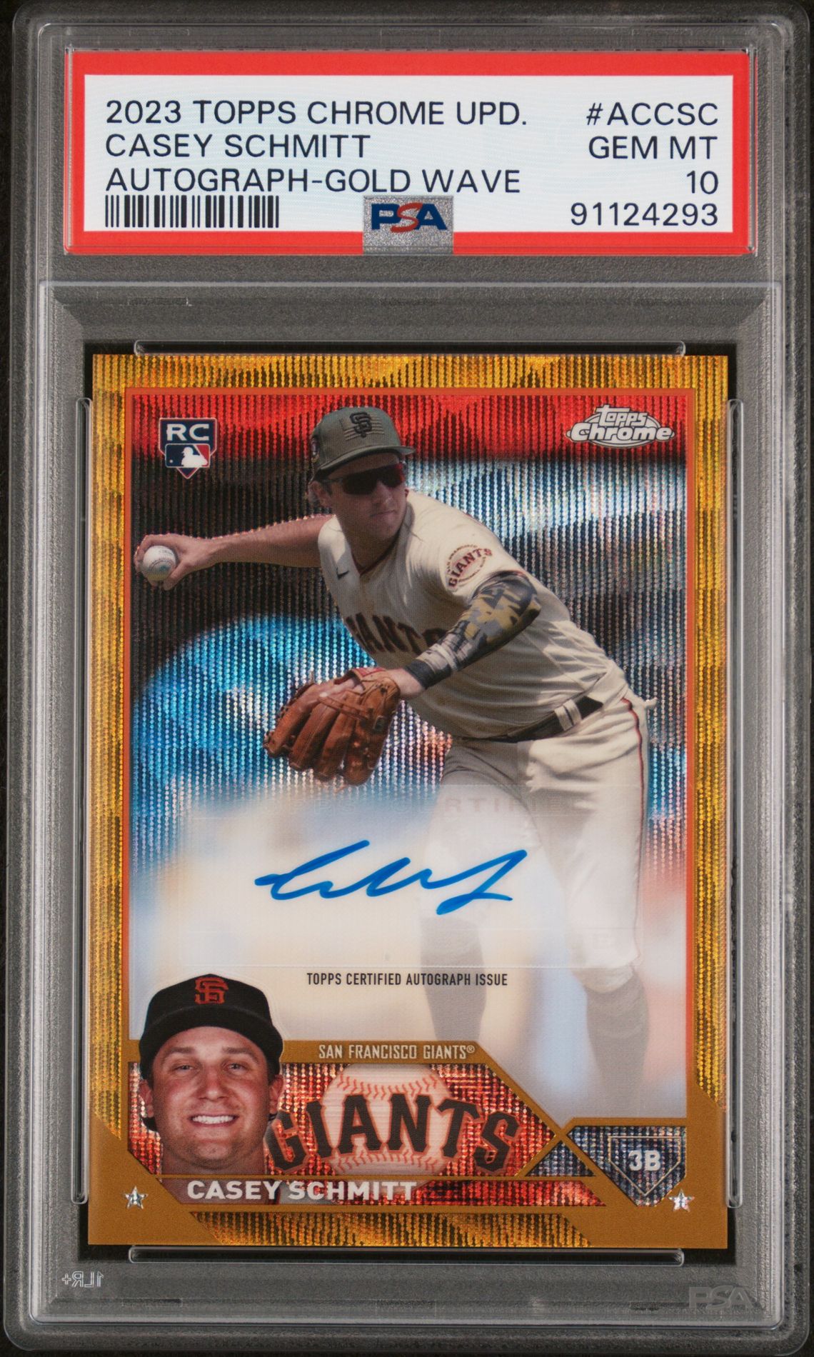 2023 Topps Chrome TOPPS CHROME UPDATE AUTOGRAPH GOLD WAVE REF #ACCSC Casey Schmitt front