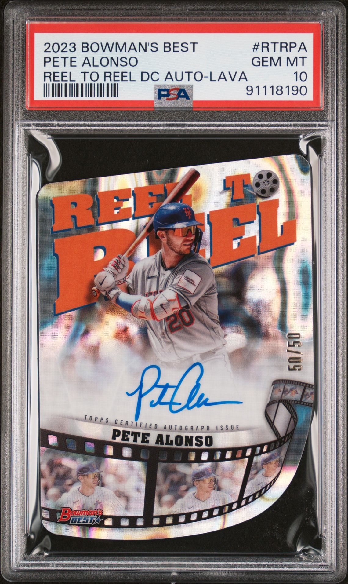 2023 Bowman BOWMAN'S BEST REEL TO REEL DIE-CUTS AUTOGRAPHS REEL TO REEL DC AU-LAVA REF #RTRPA Pete Alonso front
