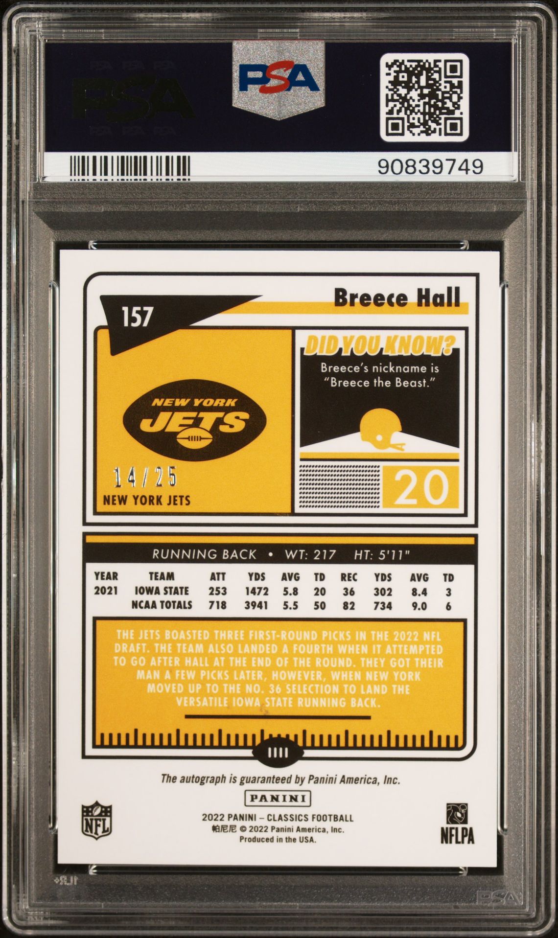2022 Panini Classics Breece Hall #157 (P/E Sgnfcnt.sig-H2 Purple) Mint 9 back