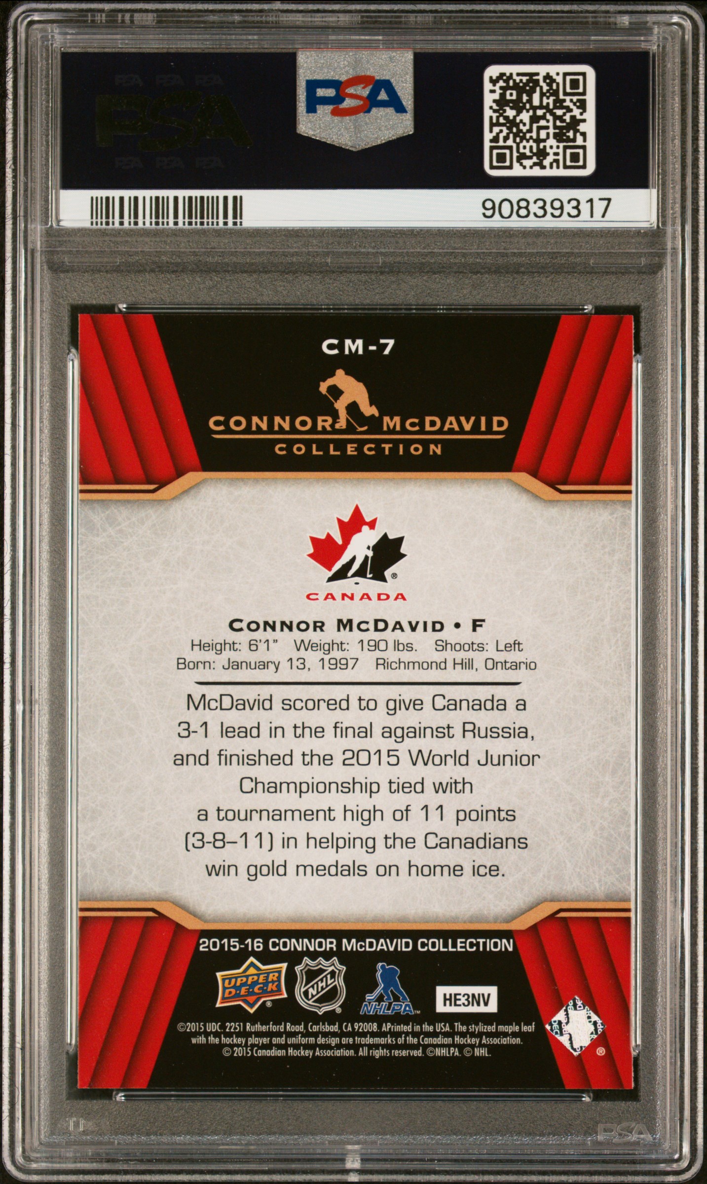 2015 Upper Deck Connor Mcdavid Collection Connor Mcdavid #Cm-7 (Connor Mcdavid Coll.) Gem Mt 10 back