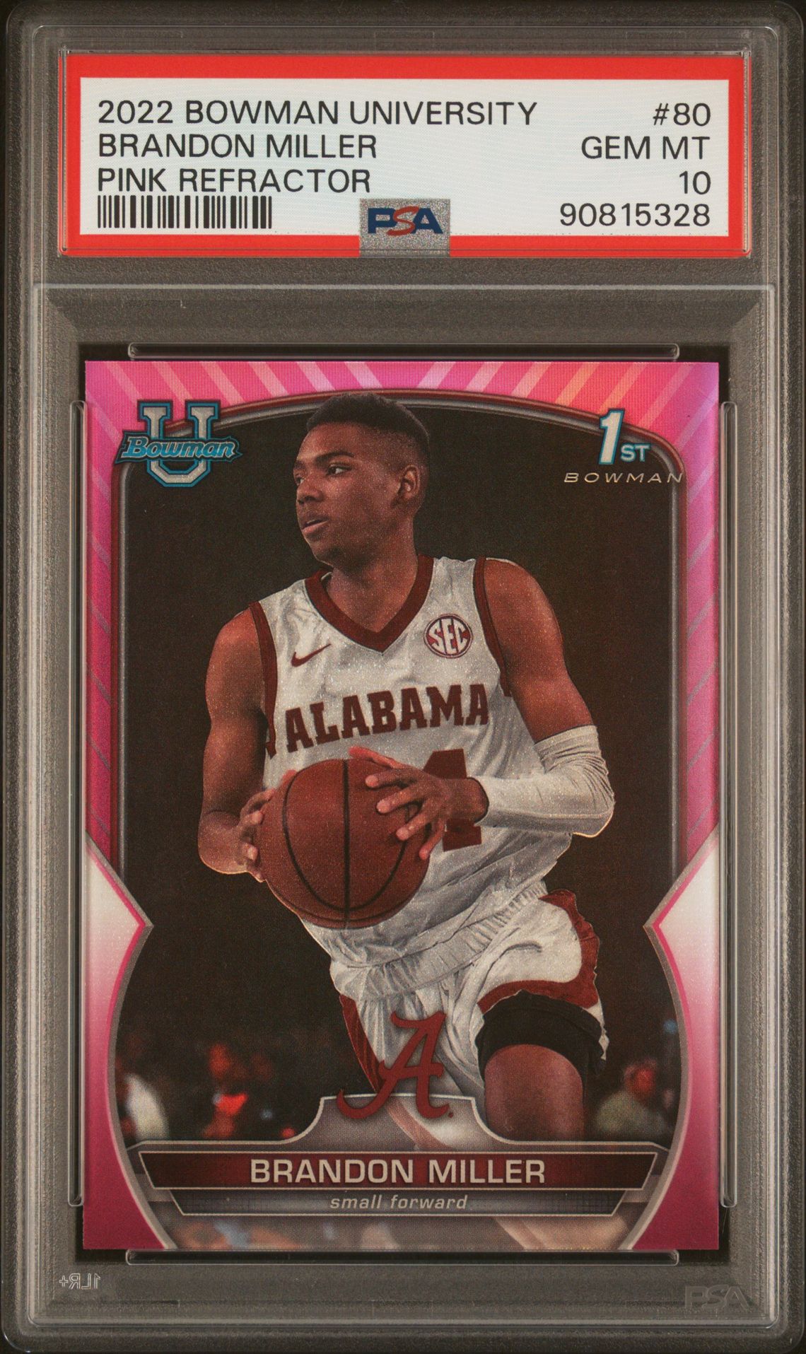 2022 Bowman Chrome BOWMAN CHROME UNIVERSITY PINK REFRACTOR #80 Brandon Miller front