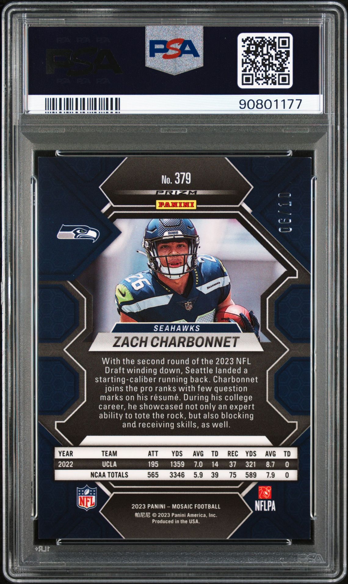 2023 Panini Mosaic Zach Charbonnet #379 (Gold No Huddle) Mint 9 back