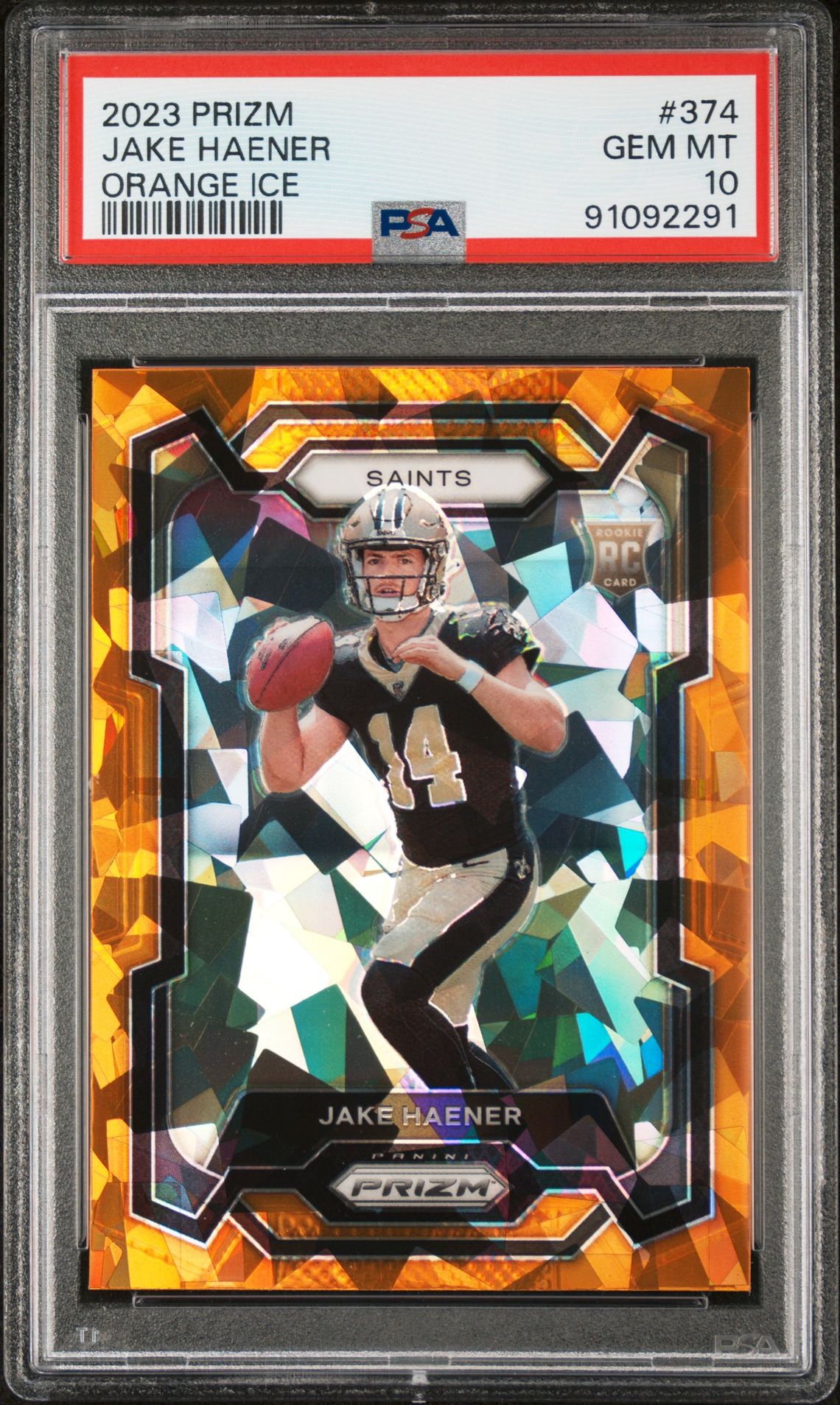 2023 Panini Prizm Jake Haener #374 (Orange Ice) Gem Mt 10 front view - PSA graded GEM MT 10