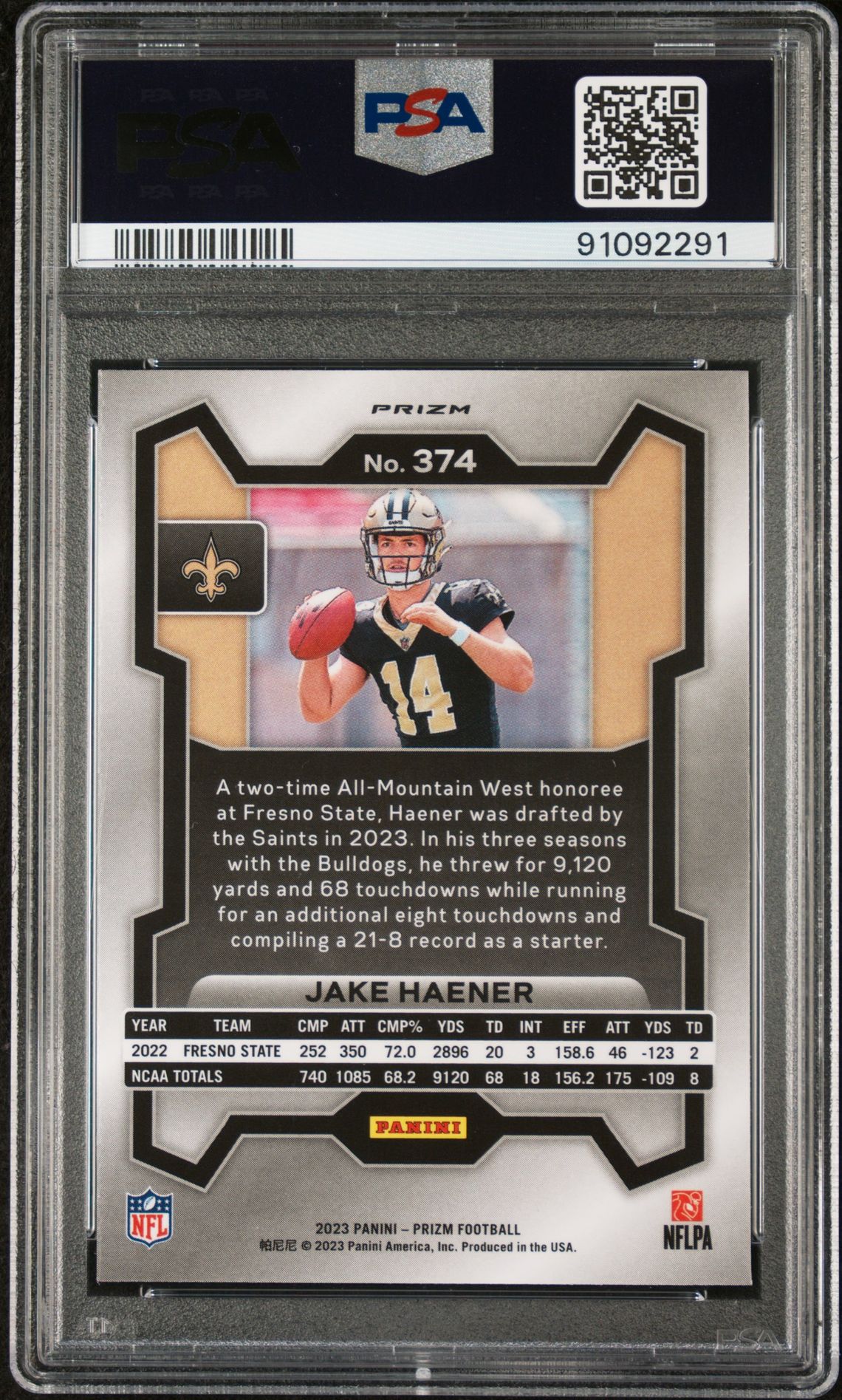 2023 Panini Prizm Jake Haener #374 (Orange Ice) Gem Mt 10 back view - PSA certificate #91092291