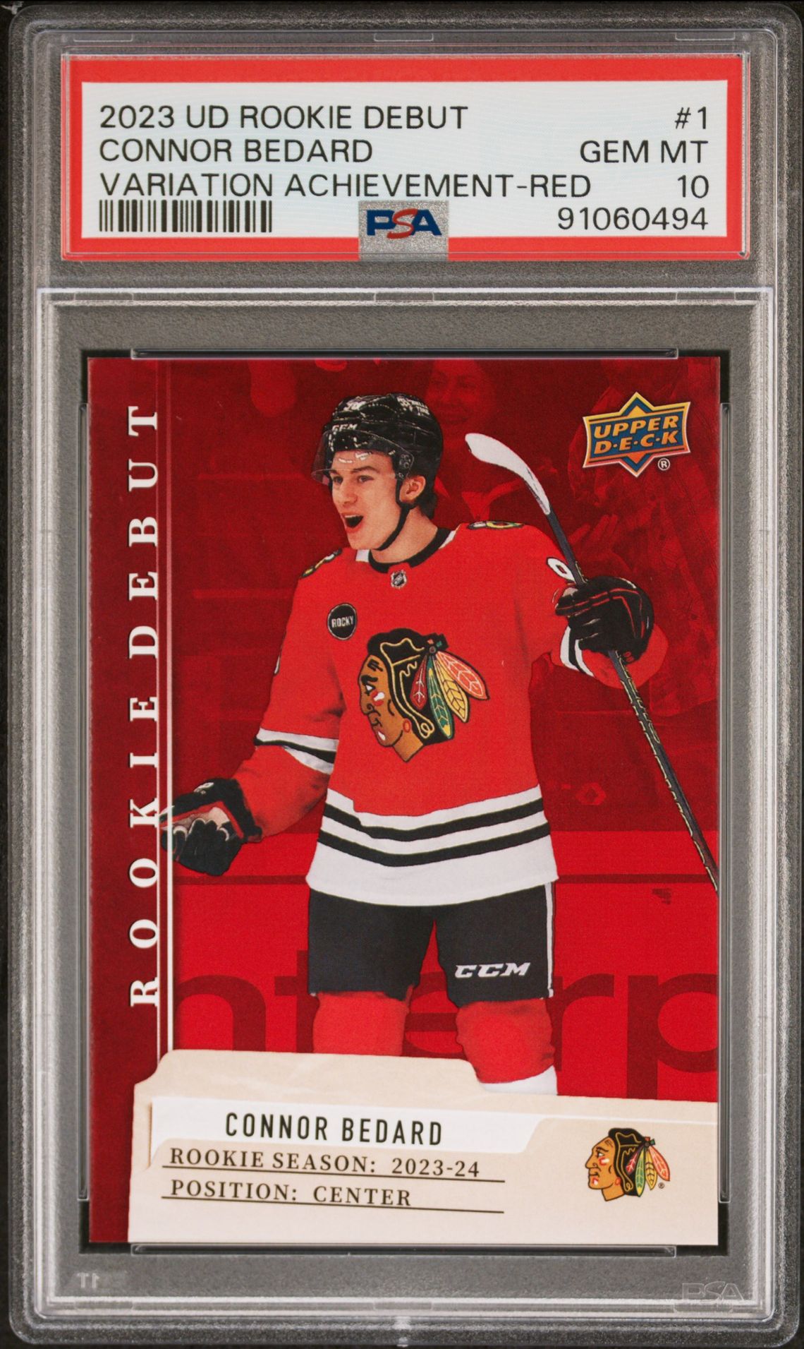 2023 Upper Deck UPPER DECK ROOKIE DEBUT VARIATION ACHIEVEMENT-RED #1 Connor Bedard front