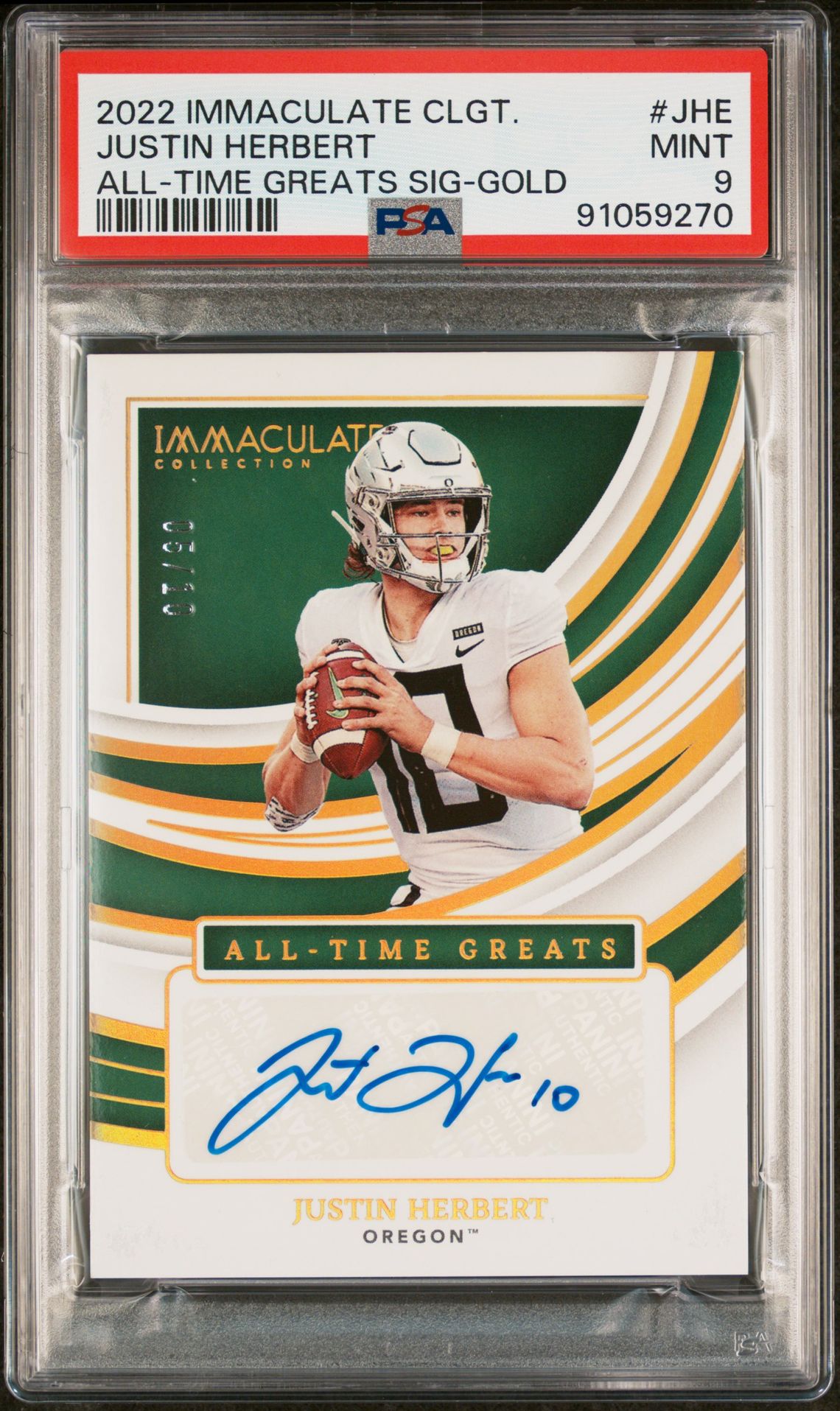 2022 Panini Immaculate Collection Collegiate All-Time Greats Signatures Justin Herbert #Jhe (All-Time Greats Sig-Gold) Mint 9 front